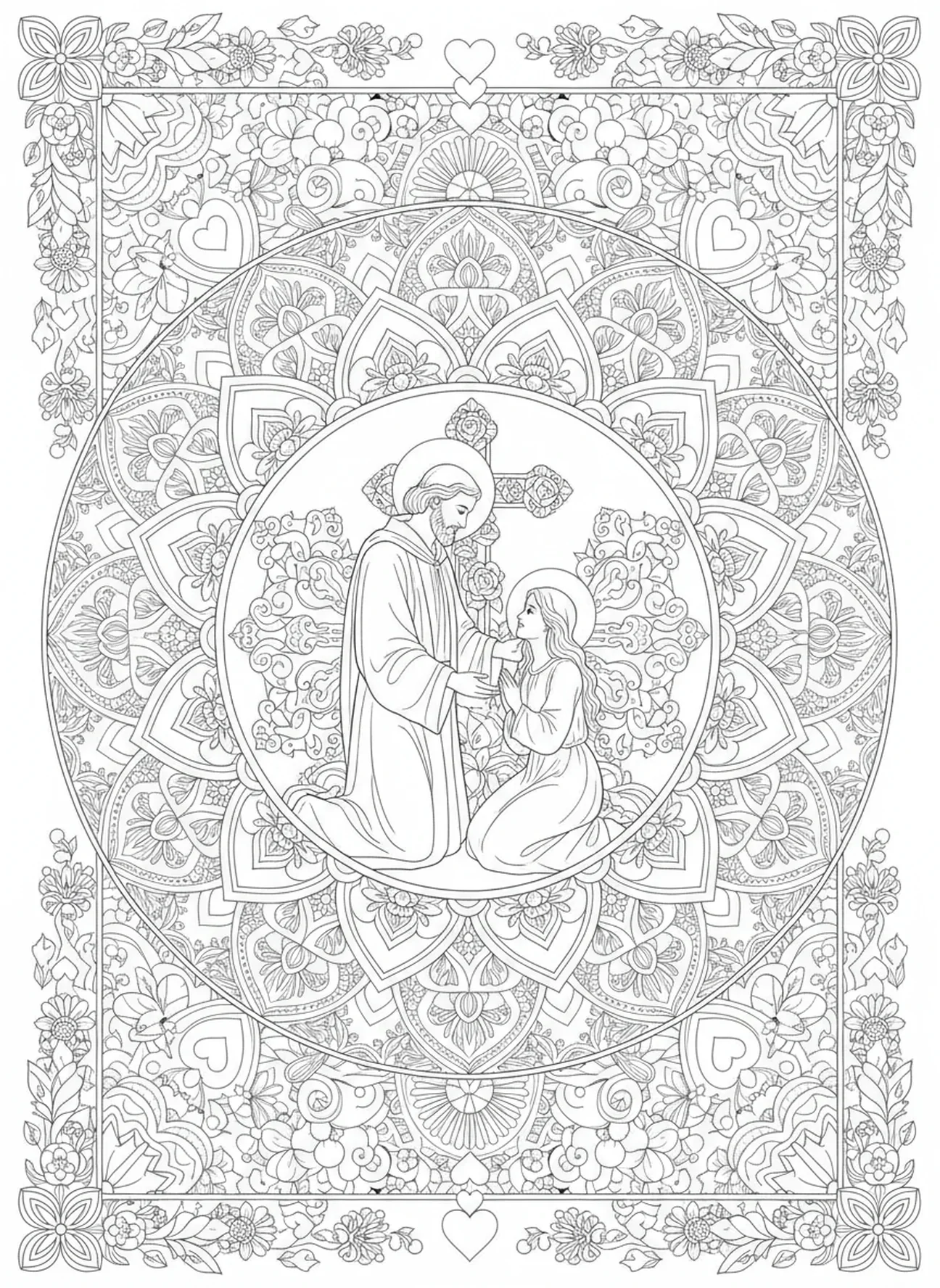 São Valentim curando um casal, página de colorir de São Valentim para adultos no estilo de journaling bíblico