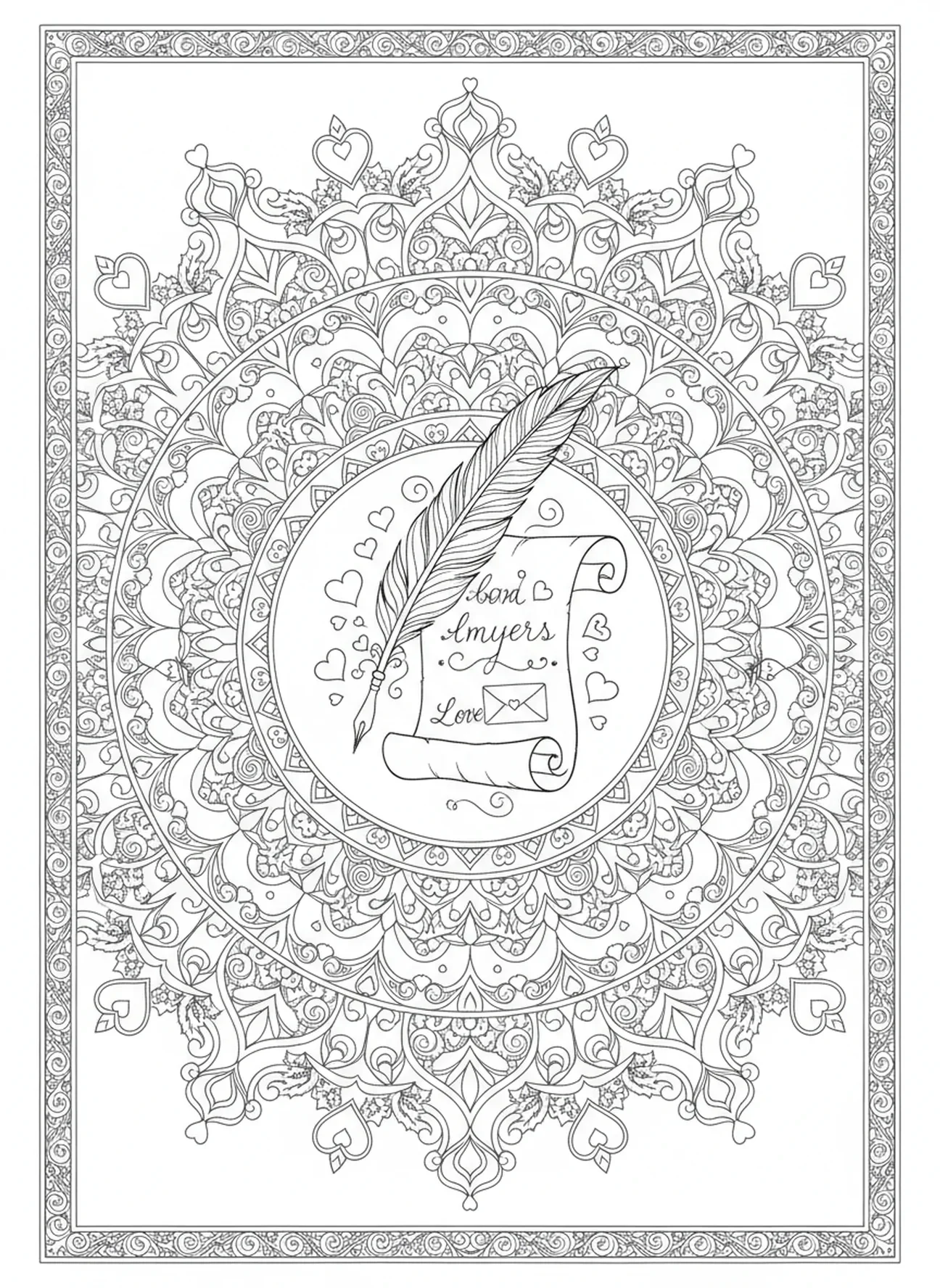 Pena ornamentada e cartas de amor, página de colorir de São Valentim no estilo de journaling bíblico para adultos