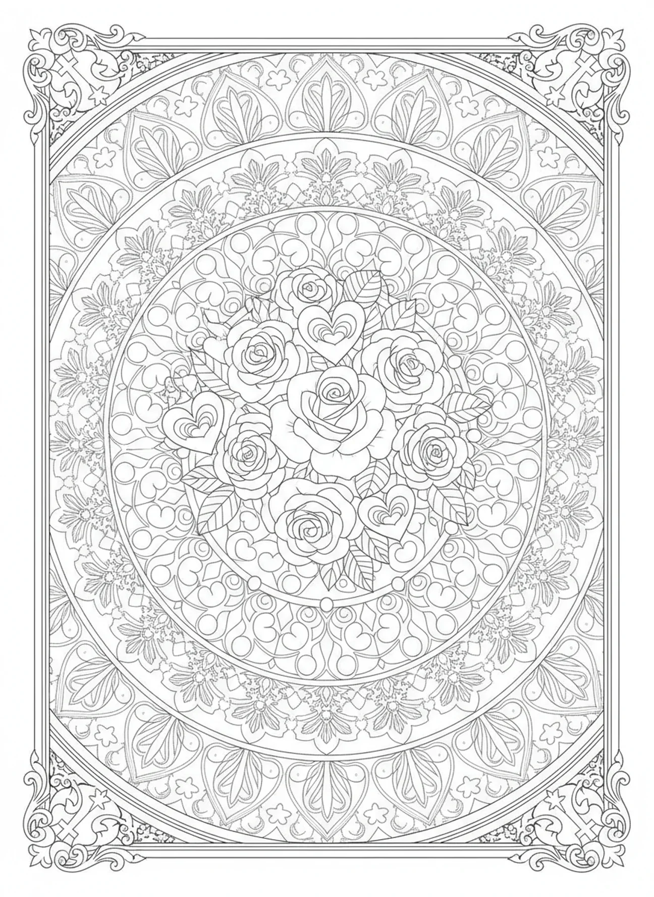 Buquê de rosas e corações, página de colorir de São Valentim para adultos no estilo de journaling bíblico