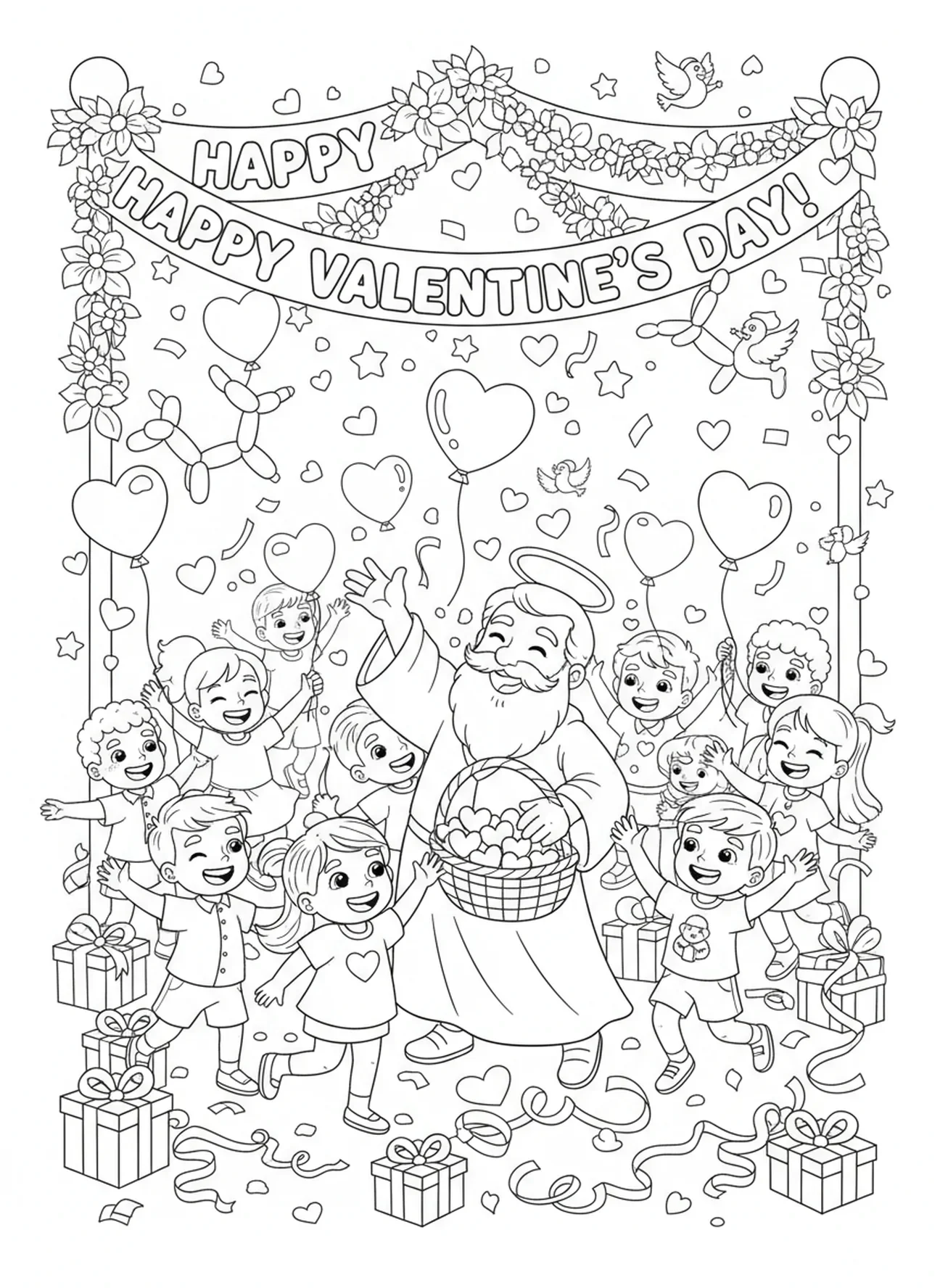 Festa de São Valentim com crianças, página para colorir de São Valentim para crianças de 5 a 10 anos