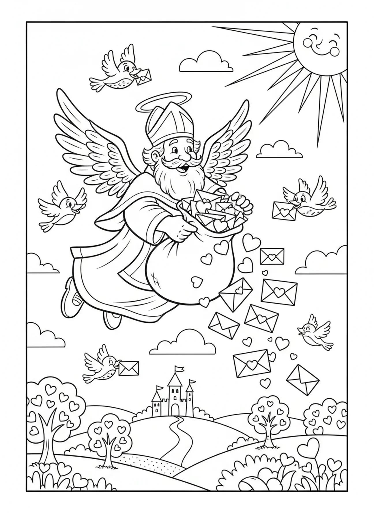 São Valentim entregando cartas, página para colorir de São Valentim para crianças de 5 a 10 anos