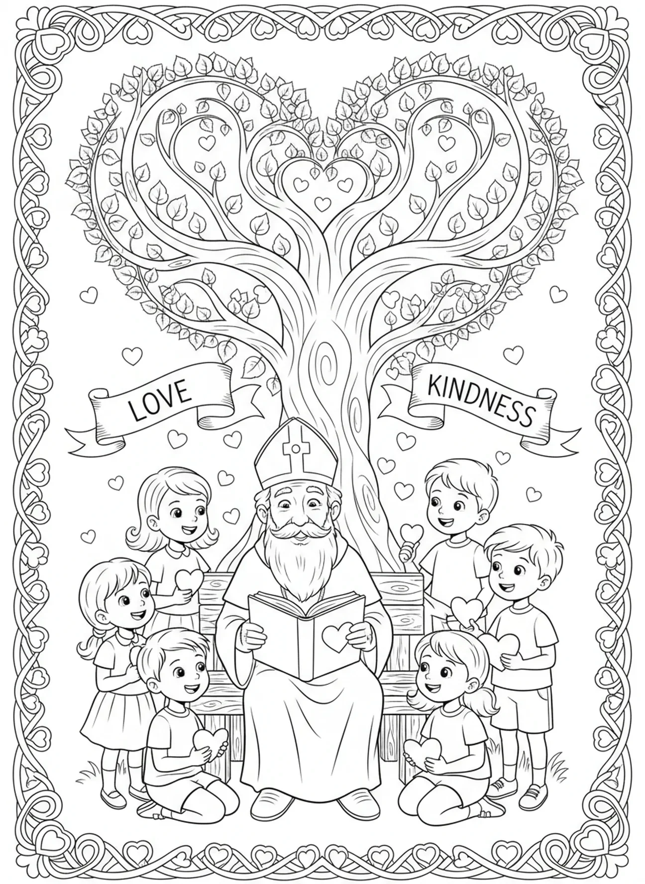 São Valentim compartilhando histórias de amor, página para colorir do São Valentim para crianças de 5 a 10 anos
