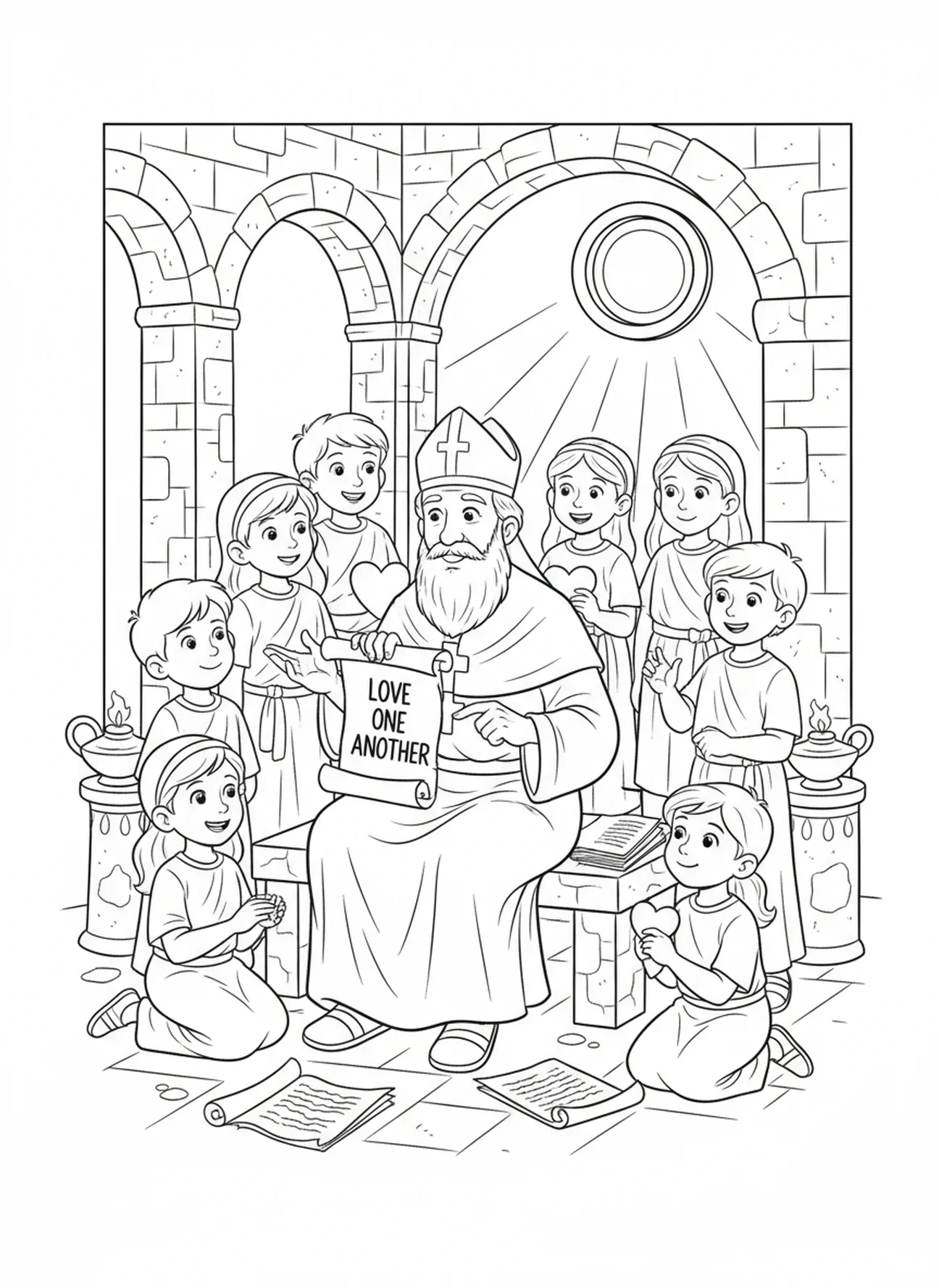 St. Valentin, der Kindern lehrt, Ausmalbild von St. Valentin für die Sonntagsschule für Kinder im Alter von 5-12 Jahren.