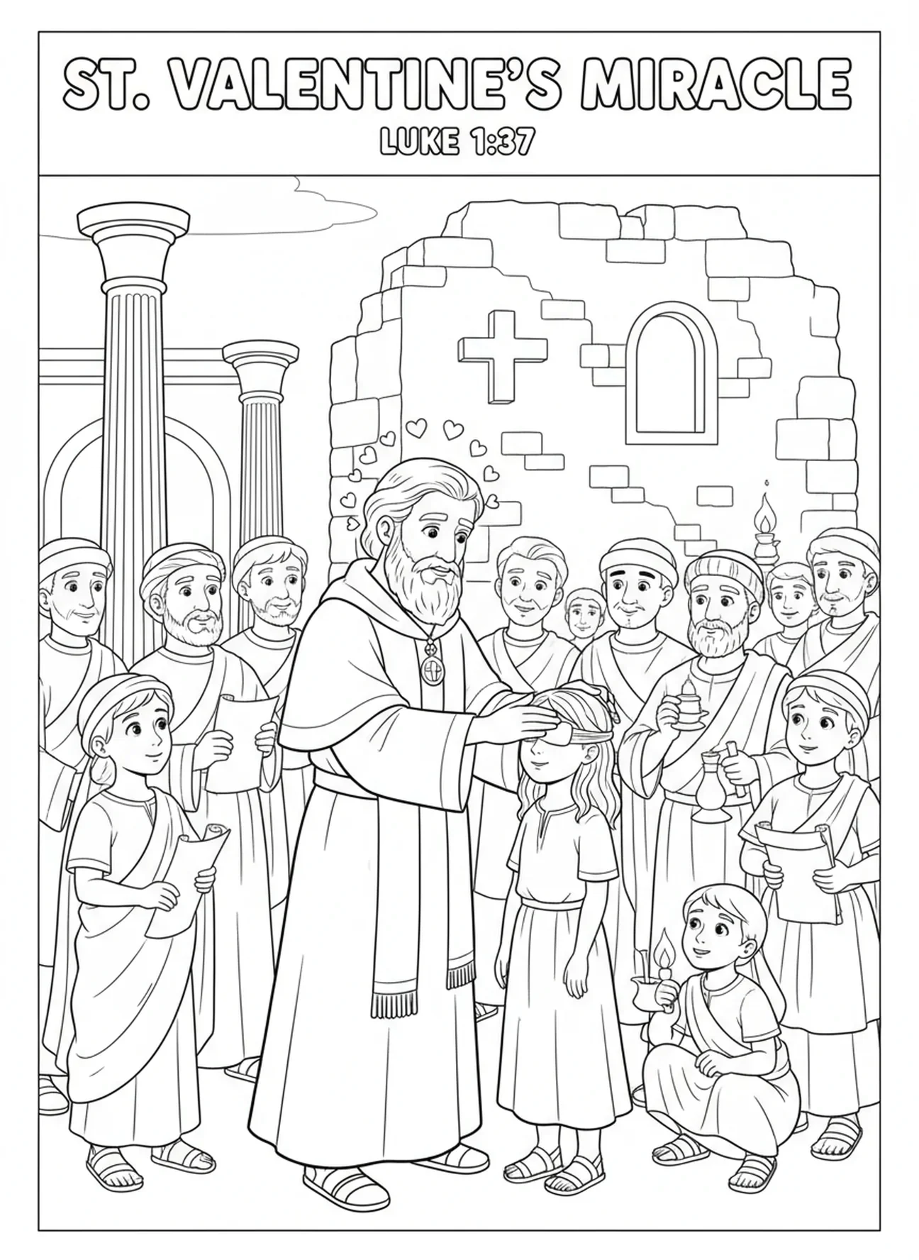 St. Valentin heilt ein blindes Mädchen, Ausmalbild für die Sonntagsschule für Kinder im Alter von 5-12 Jahren.
