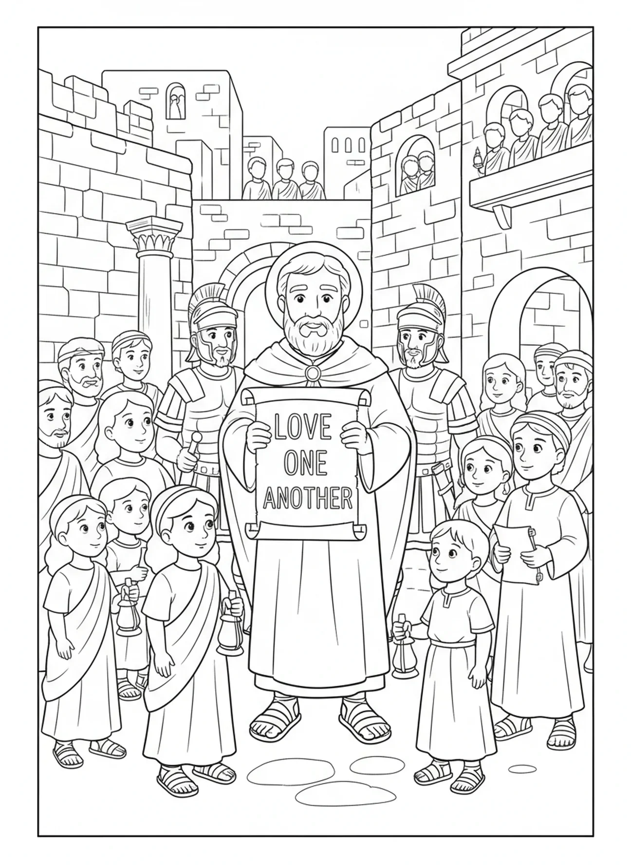 St. Valentin, der einer Menge gegenübersteht, Ausmalbild von St. Valentin für Sonntagsschulkinder im Alter von 5-12 Jahren.
