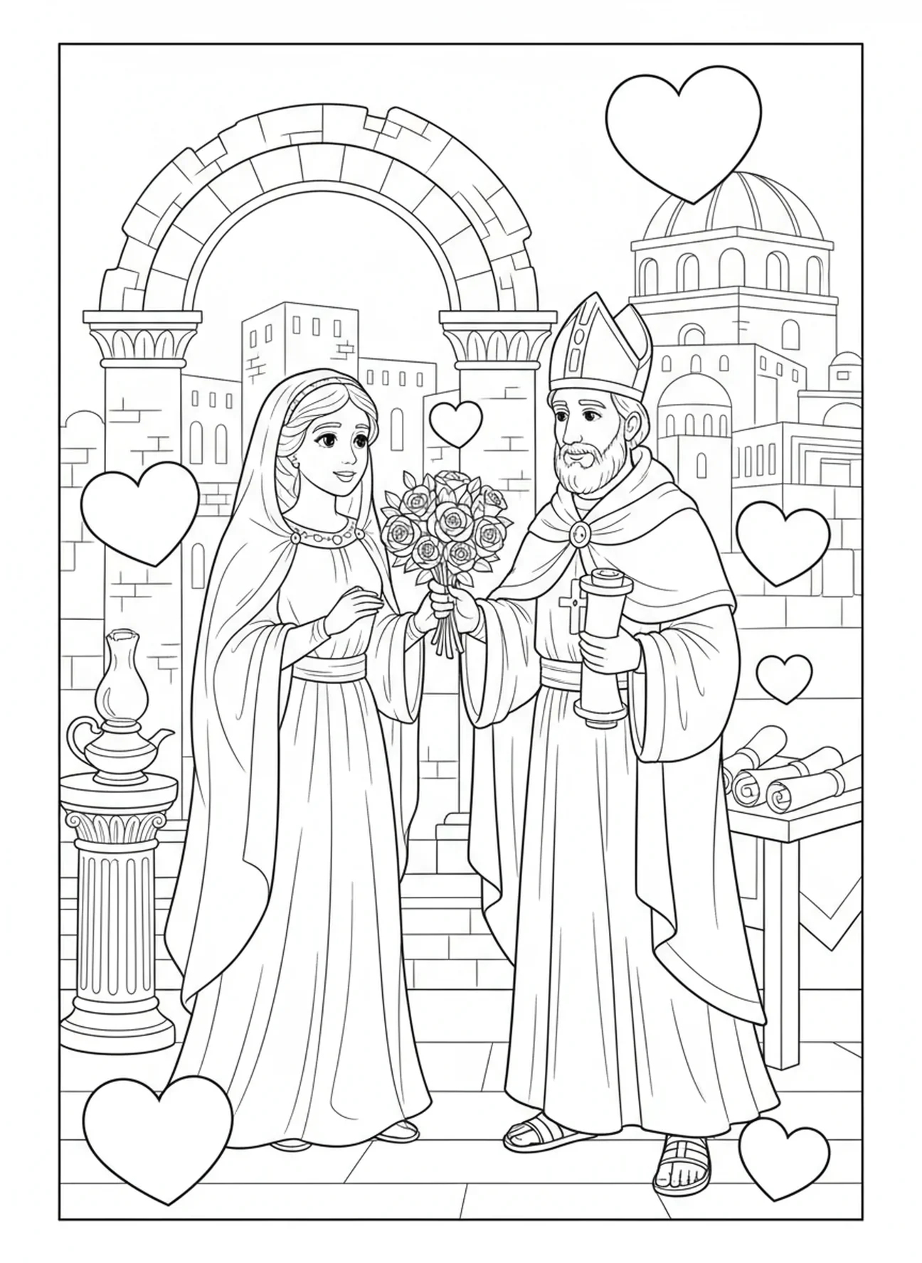 Der heilige Valentin mit Blumen, Ausmalbild für die Sonntagsschule für Kinder im Alter von 5-12 Jahren.
