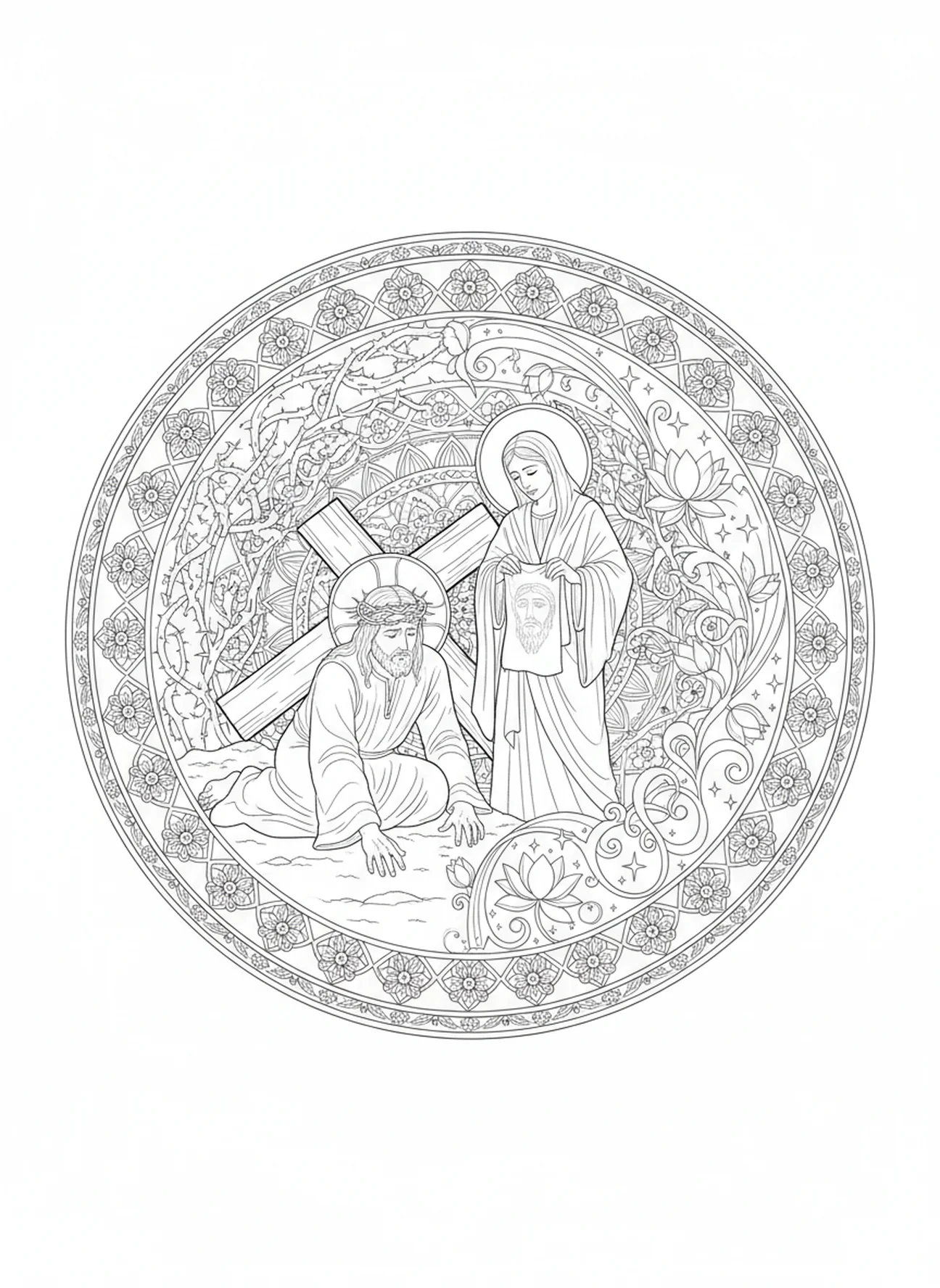Jesus fällt zu Boden, Ausmalbild von St. Veronica im Stil des Bibel-Journalings für Erwachsene.