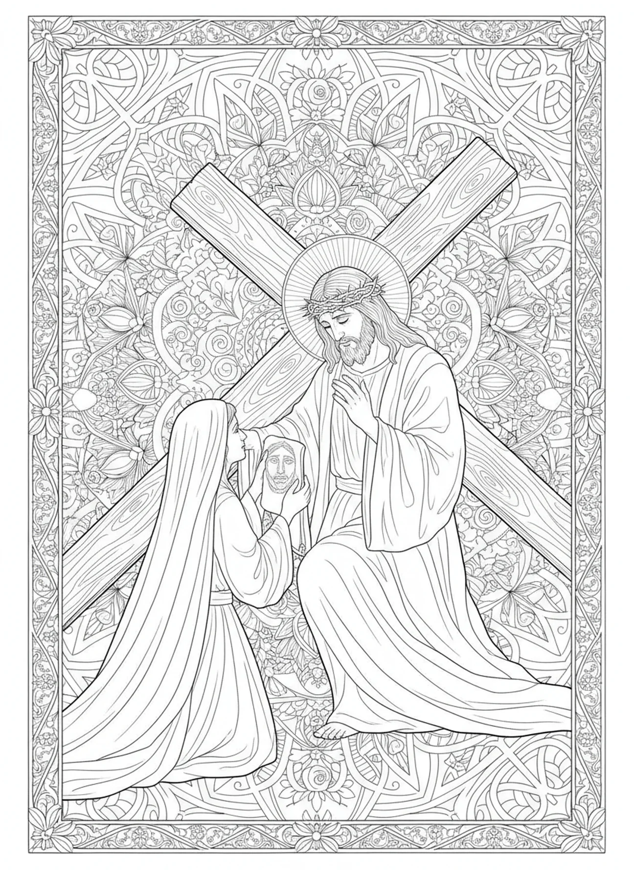 Jesus, der sein Gesicht abwischt, Ausmalbild von St. Veronica im Stil des Bibel-Journalings für Erwachsene.