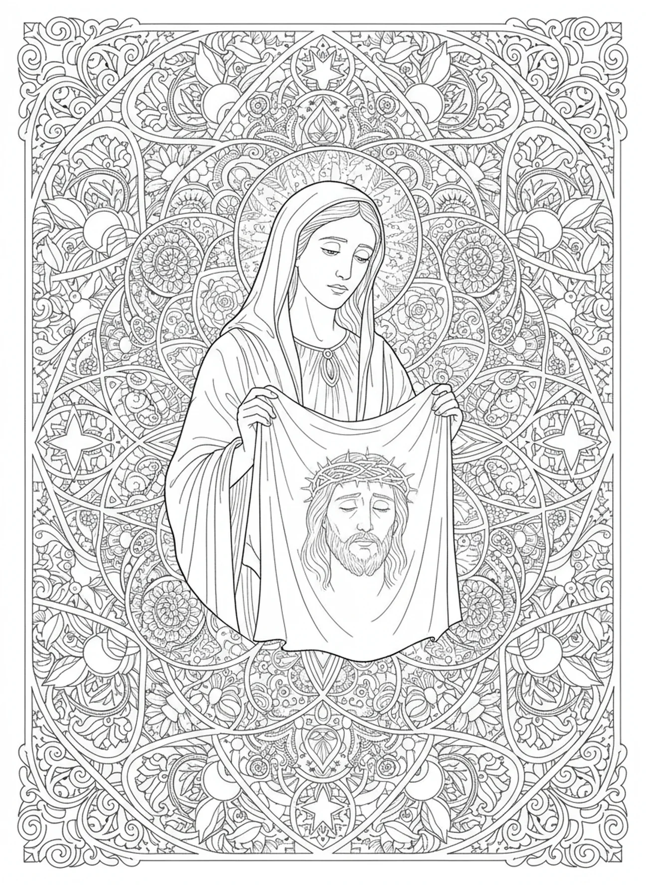 Veronika hält das Tuch, Ausmalbild von St. Veronika für Erwachsene im Stil des Bibel-Journalings.