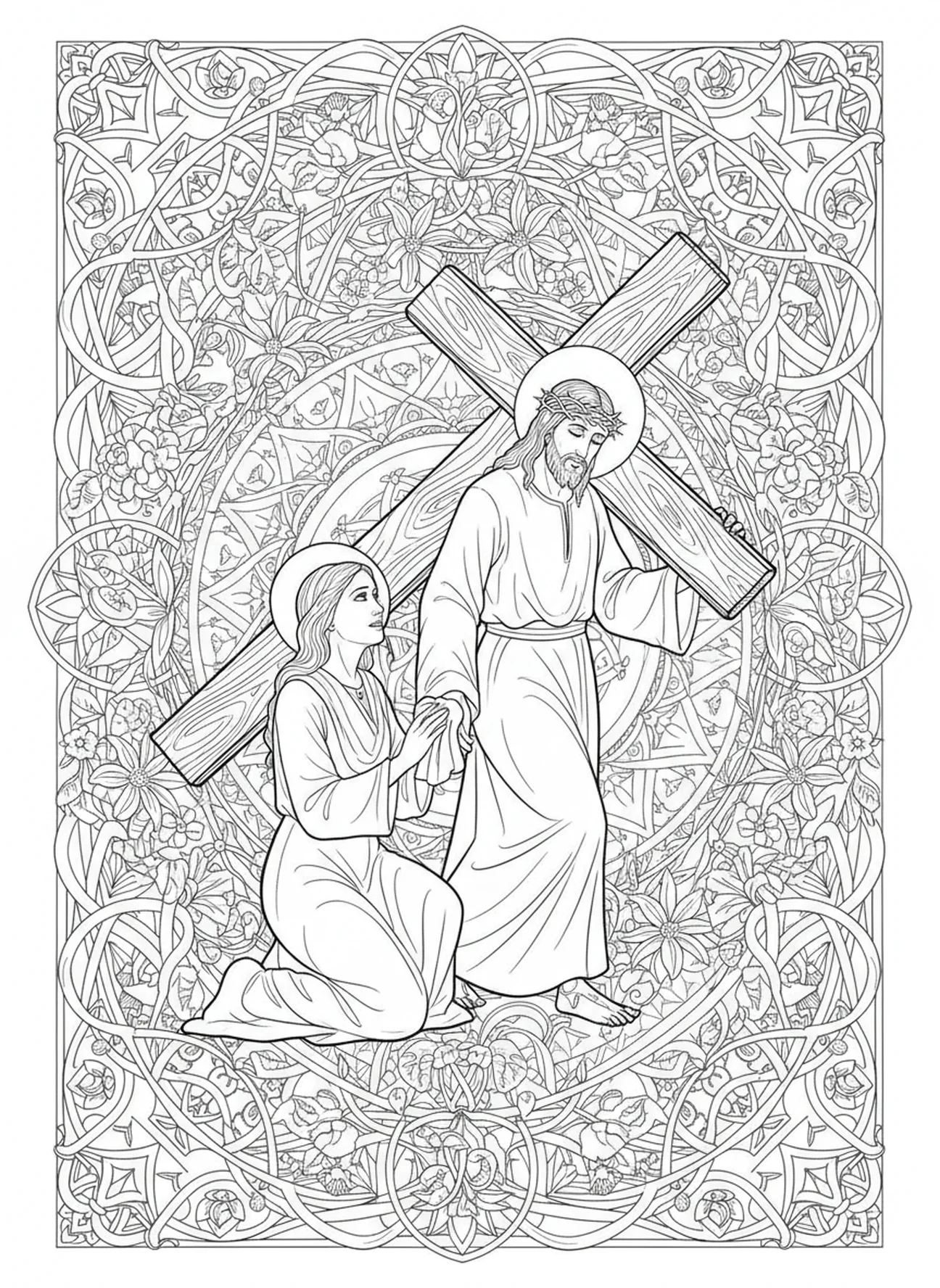 Veronika inspiriert von Jesus, Ausmalbild von St. Veronika für Erwachsene im Stil des Bibeljournaling.