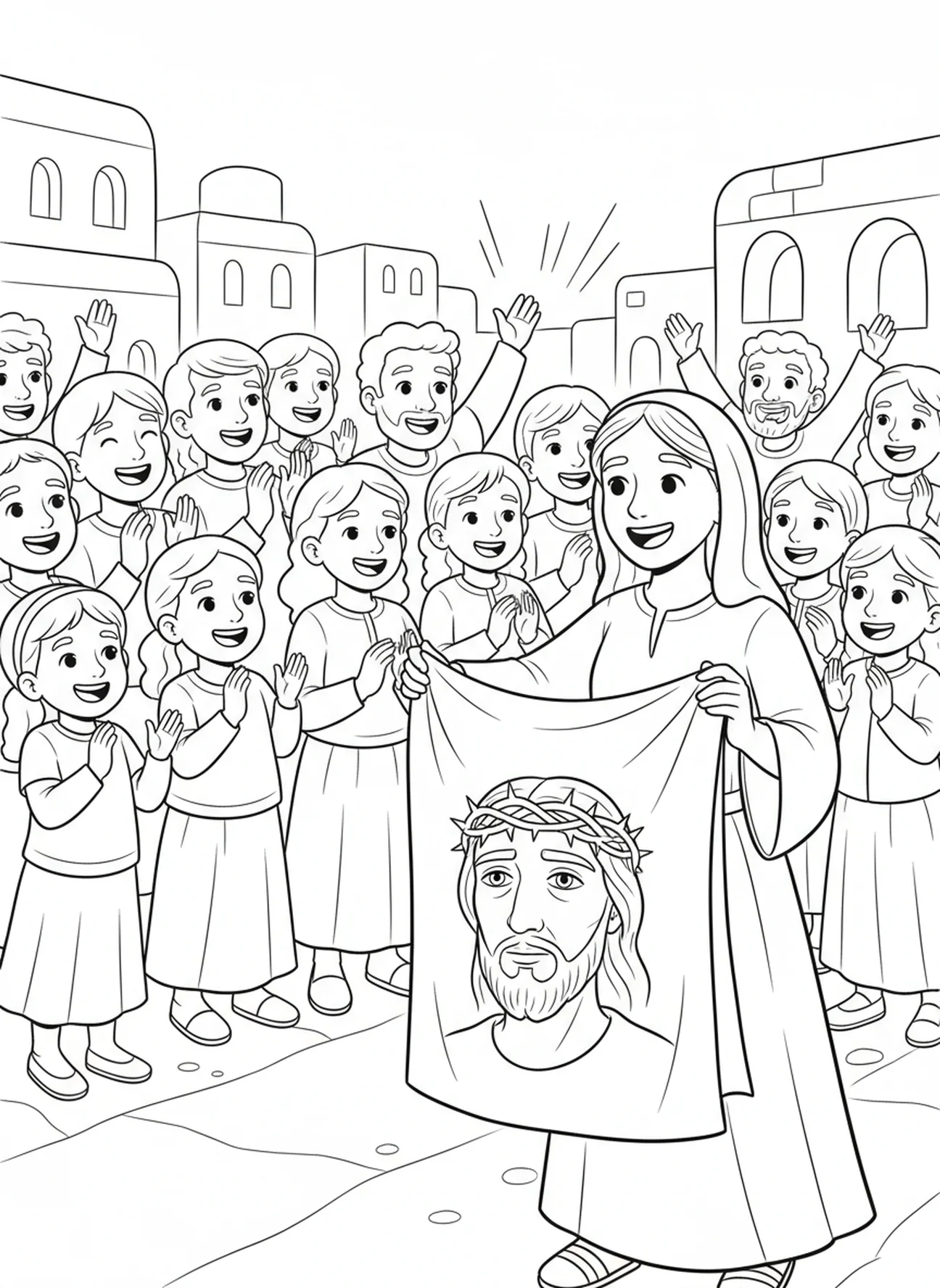 Foule en liesse pour Sainte Véronique, page à colorier Sainte Véronique pour les enfants de 5 à 10 ans.