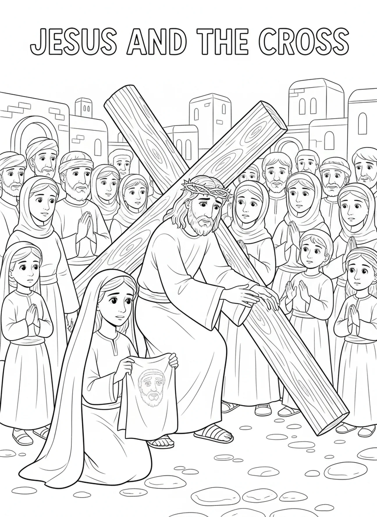 Foule diverse observant, page à colorier de Sainte Véronique pour enfants de 5 à 10 ans.