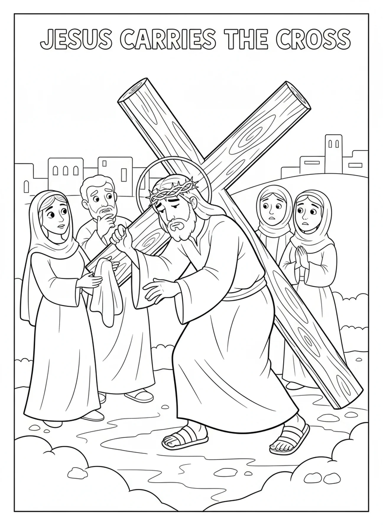 Jésus portant la croix, page à colorier de Sainte Véronique pour les enfants de 5 à 10 ans.