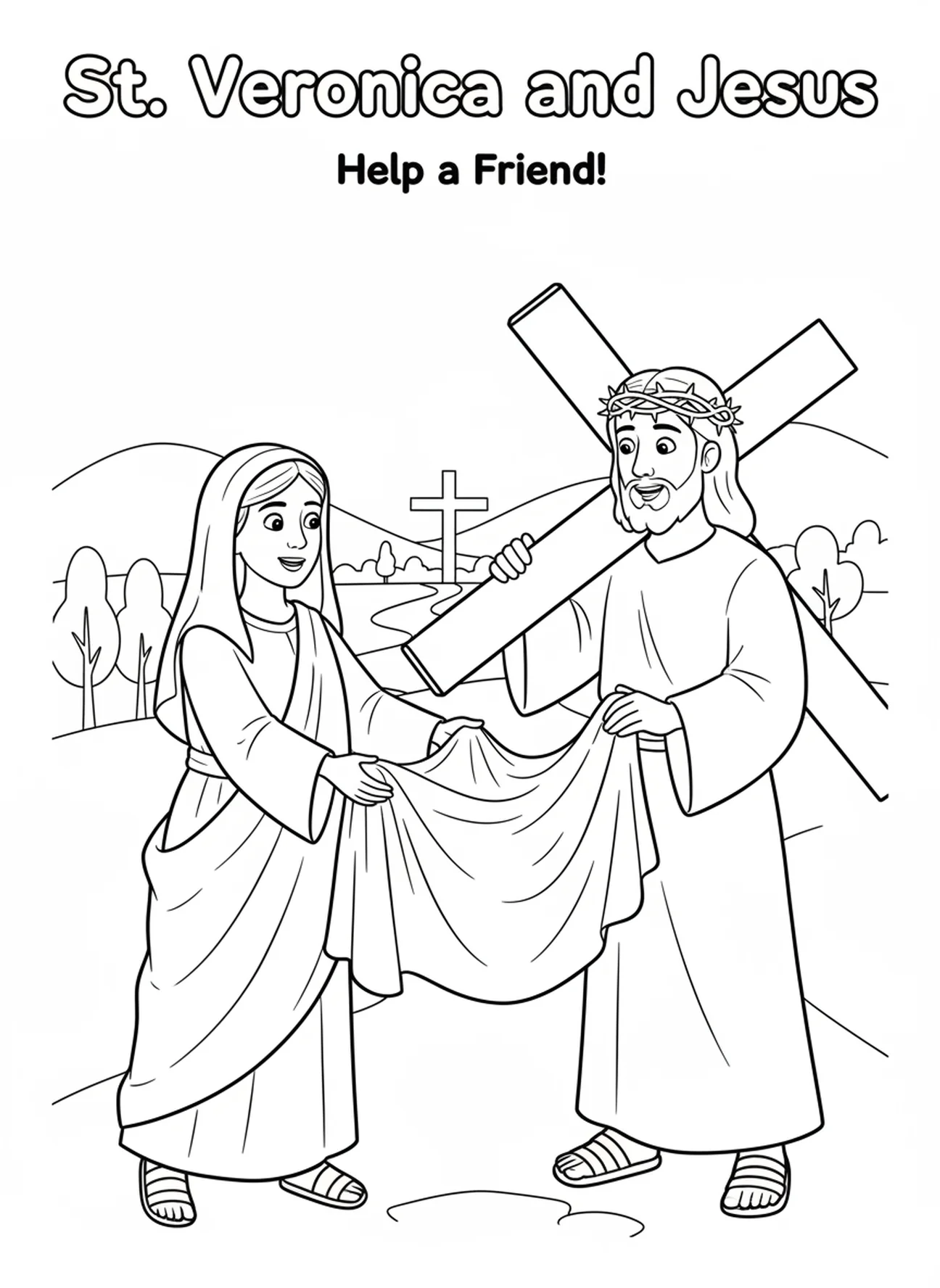 Sainte Véronique offrant du réconfort, page à colorier Sainte Véronique pour les enfants de 5 à 10 ans.