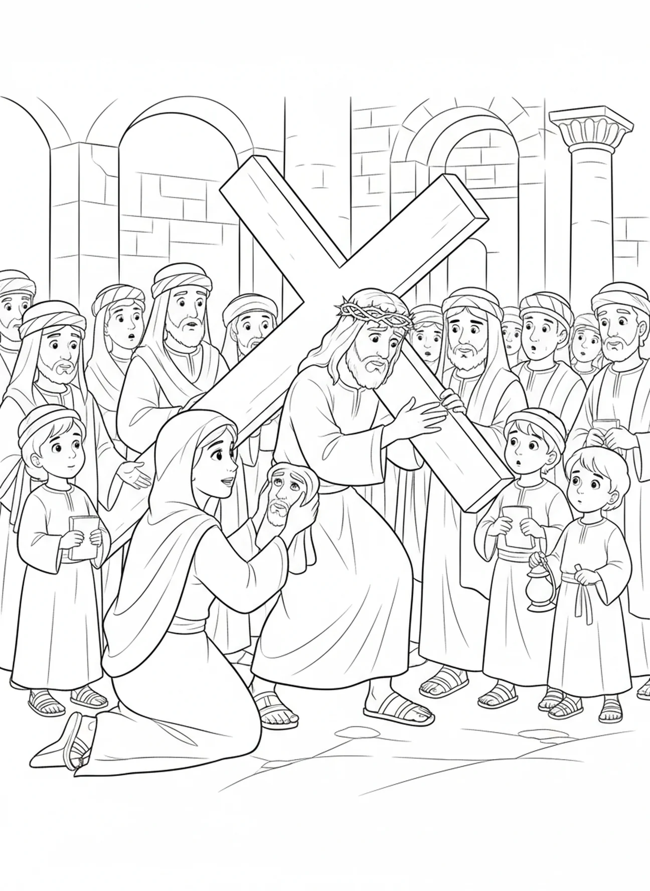 Neugierige Menge beobachtet St. Veronica, Ausmalbild von St. Veronica für Sonntagsschulkinder im Alter von 5-12 Jahren.