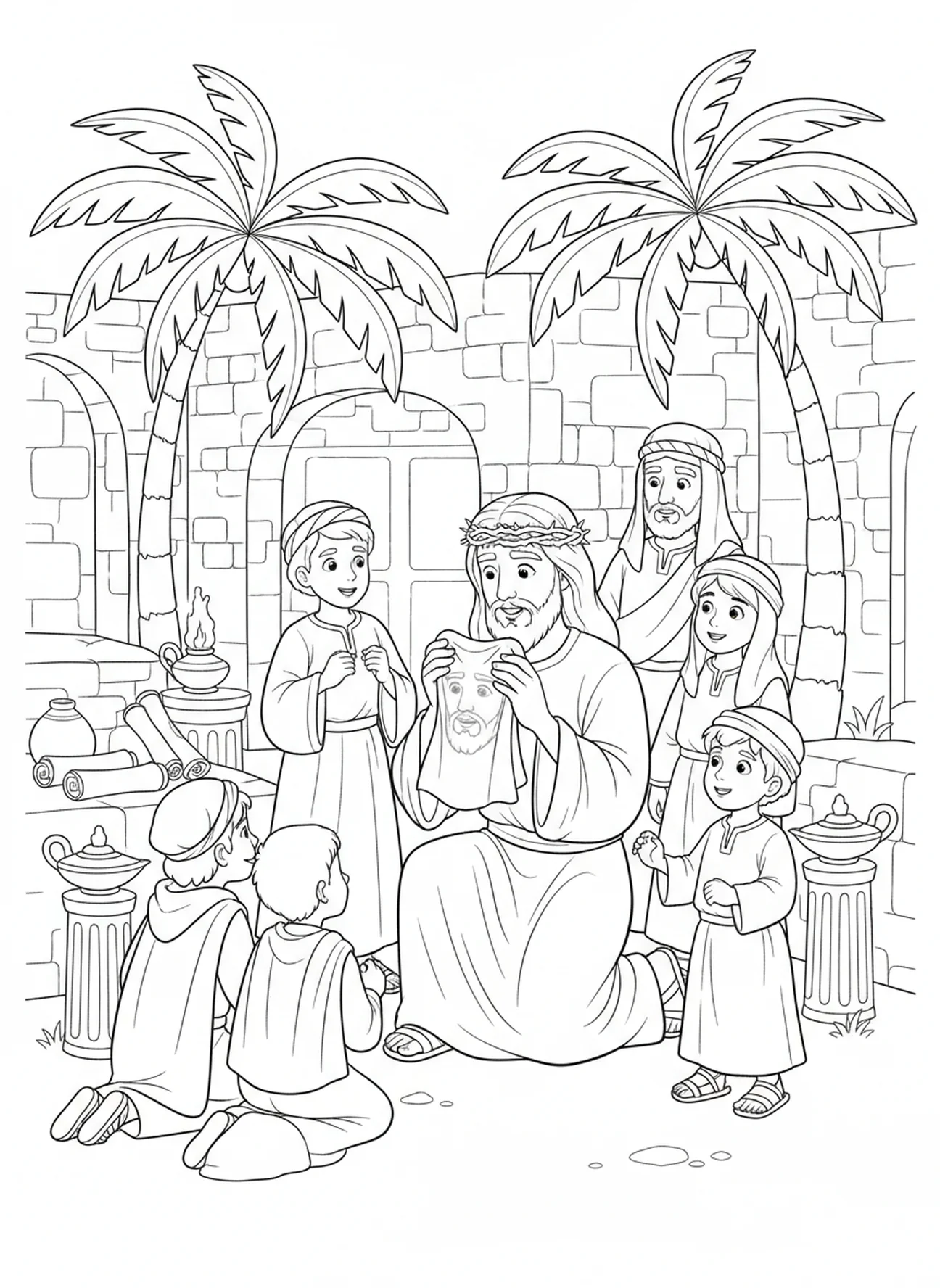 Jesus, der sein Gesicht mit dem Schleier von St. Veronica abwischt, Malvorlage für Kinder im Religionsunterricht im Alter von 5-12 Jahren.