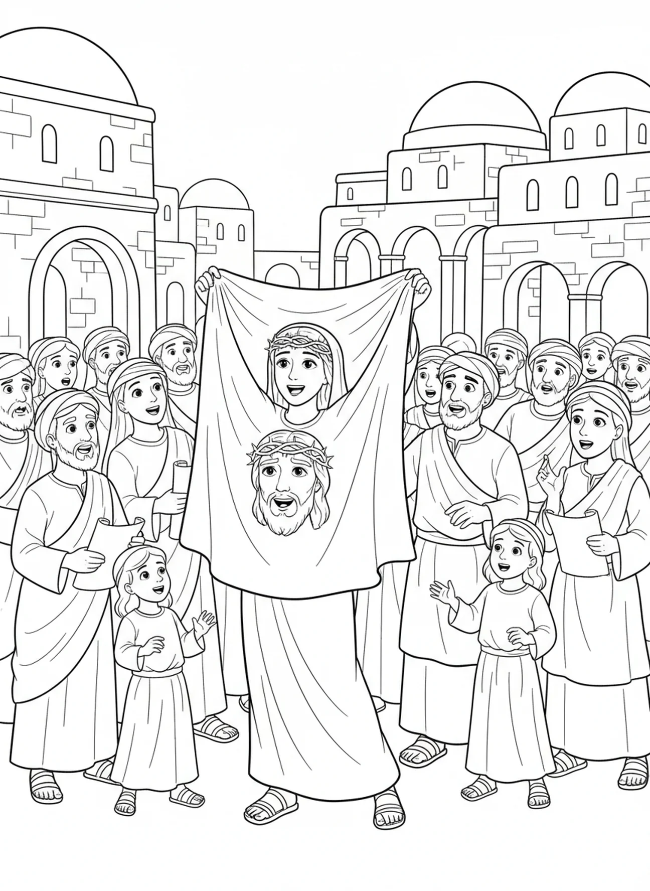 Die heilige Veronica hält ihren Schleier, auf dem das Antlitz Jesu zu sehen ist, Ausmalbild für Kinder im Religionsunterricht von 5-12 Jahren.