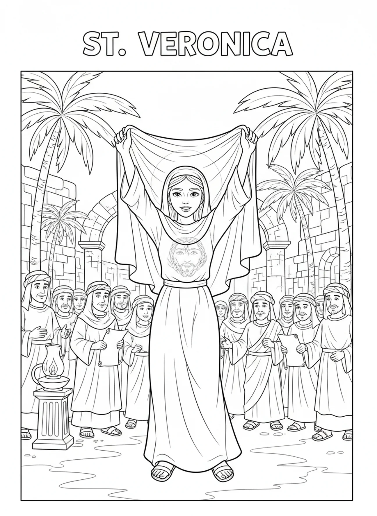 Die Heilige Veronica inspiriert die Menge mit ihrem Schleier, Ausmalbild der Heiligen Veronica für Kinder im Religionsunterricht im Alter von 5-12 Jahren.