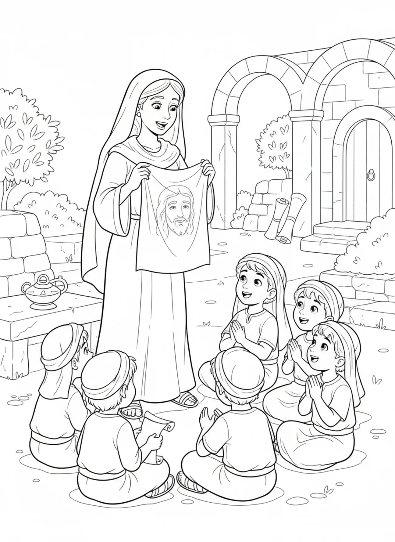 Die heilige Veronica erzählt Kindern ihre Geschichte, Malvorlage für die Sonntagsschule für Kinder im Alter von 5-12 Jahren.