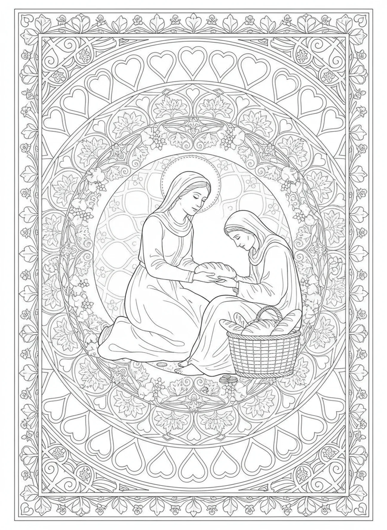 Santa Zita consolando a los pobres, página para colorear de Santa Zita en estilo de journaling bíblico para adultos.