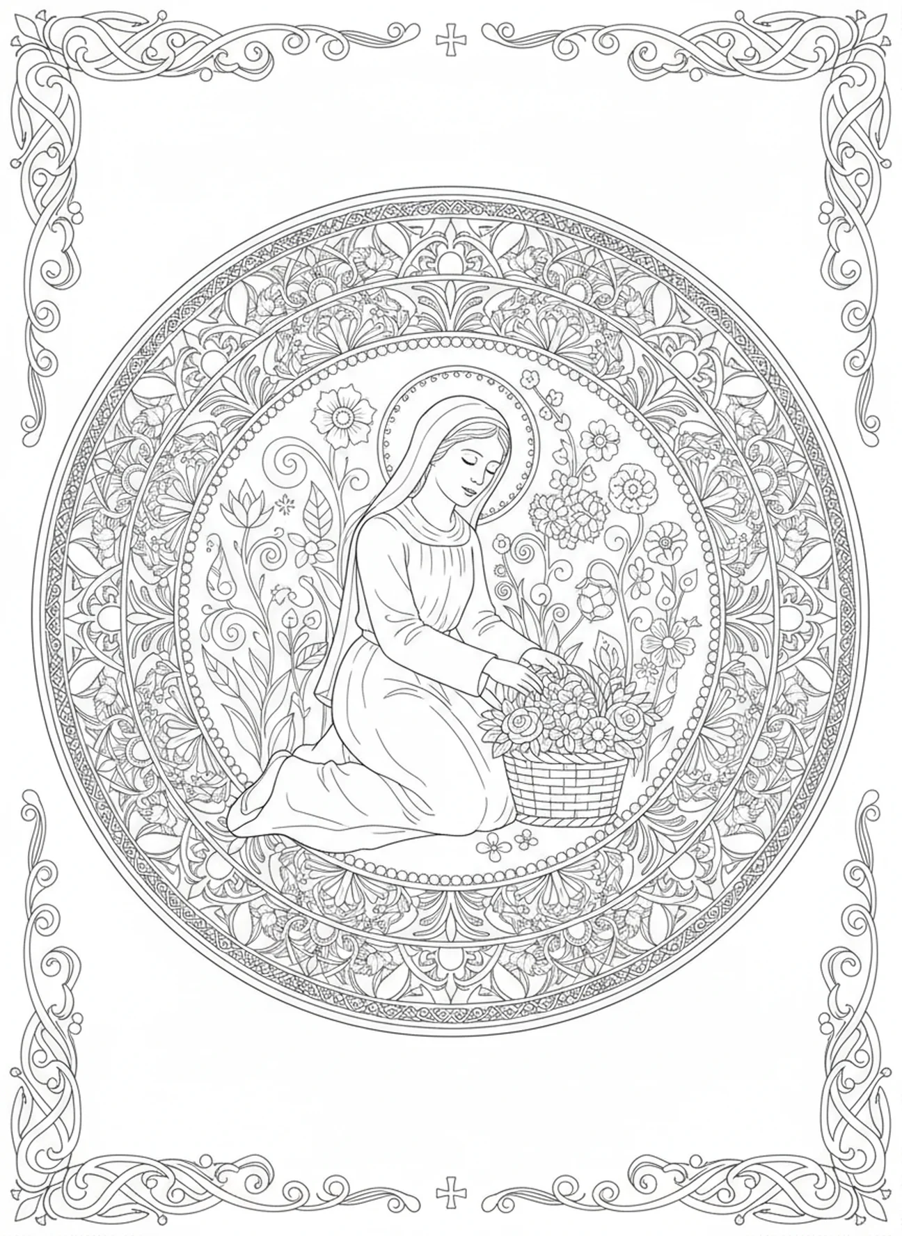 Santa Zita recogiendo flores en un jardín, página para colorear de Santa Zita estilo journaling bíblico para adultos.