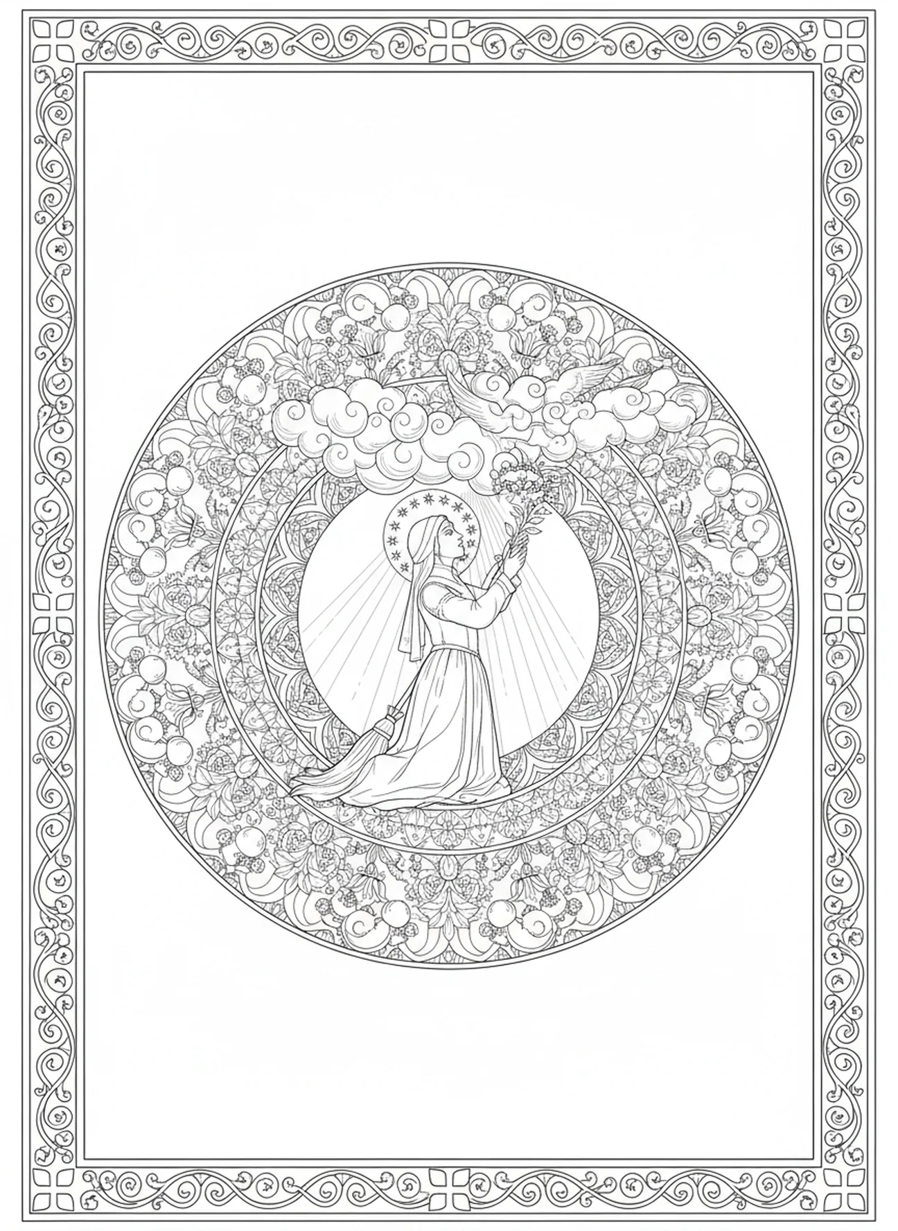 Santa Zita recibiendo una recompensa celestial, página para colorear de Santa Zita en estilo de journaling bíblico para adultos.