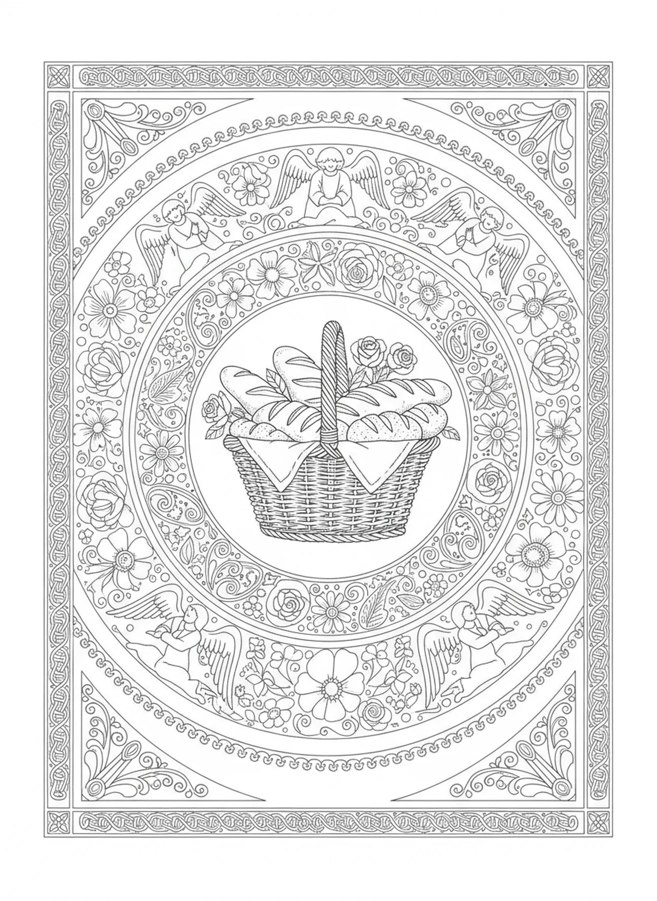 Milagro de la canasta de pan, página para colorear de Santa Zita en estilo de journaling bíblico para adultos.