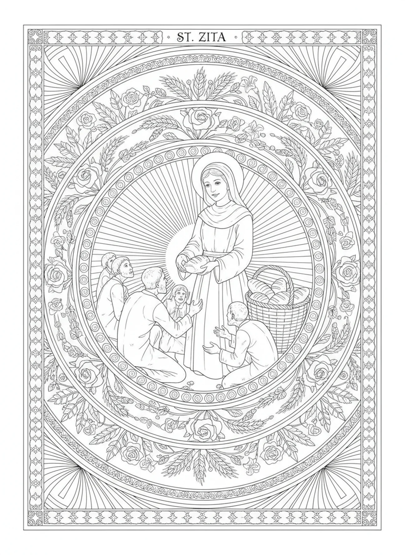 Santa Zita sirviendo pan con alegría, página para colorear de Santa Zita en estilo de journaling bíblico para adultos.