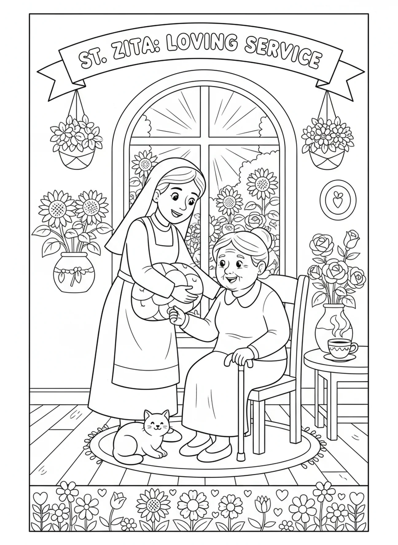 Die Heilige Zita kümmert sich um eine ältere Frau, Ausmalbild von St. Zita für Kinder im Alter von 5-10 Jahren