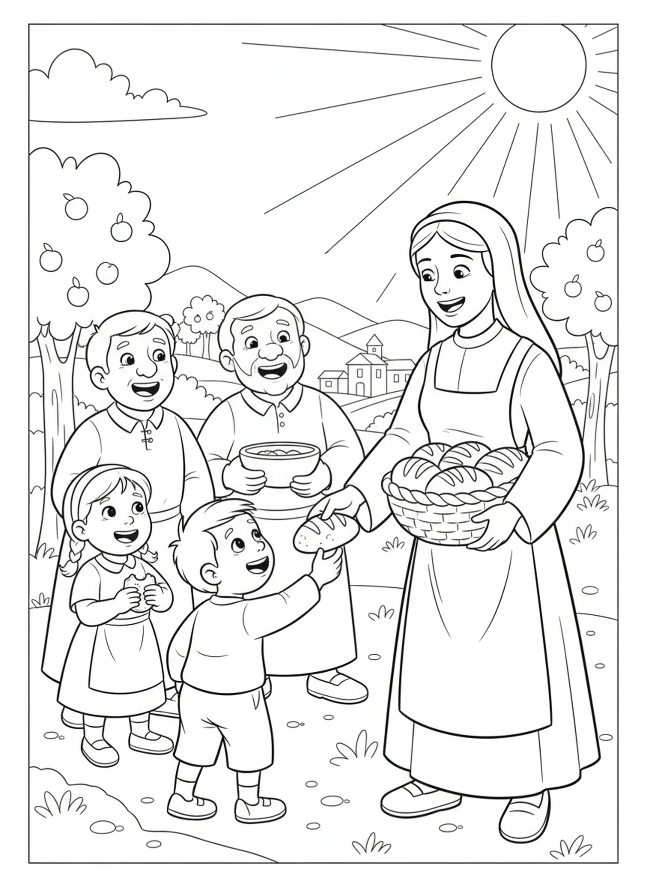 Die heilige Zita, die Brot reicht, Ausmalbild der heiligen Zita für Kinder im Alter von 5-10 Jahren