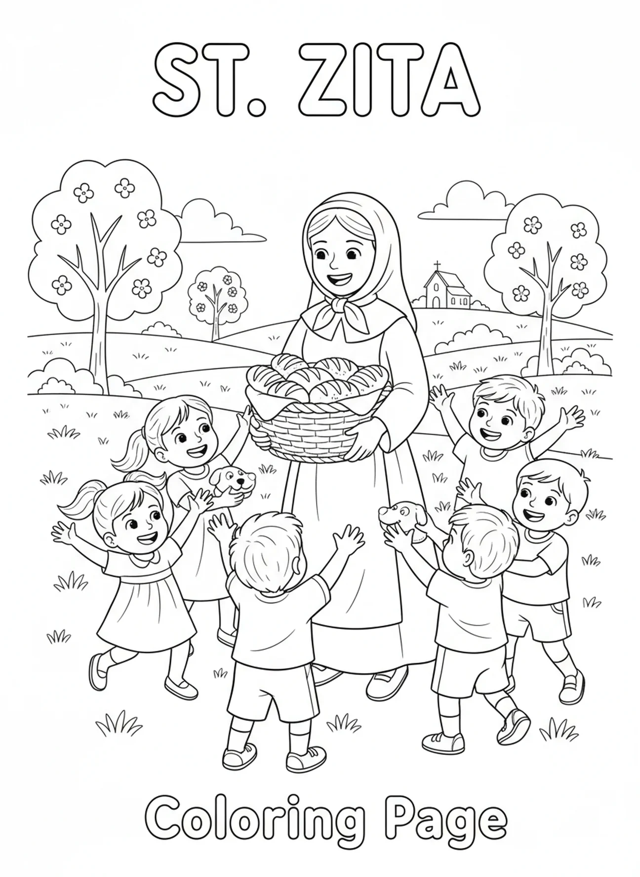 St. Zita mit Brotkorb, Ausmalbild von St. Zita für Kinder im Alter von 5-10 Jahren