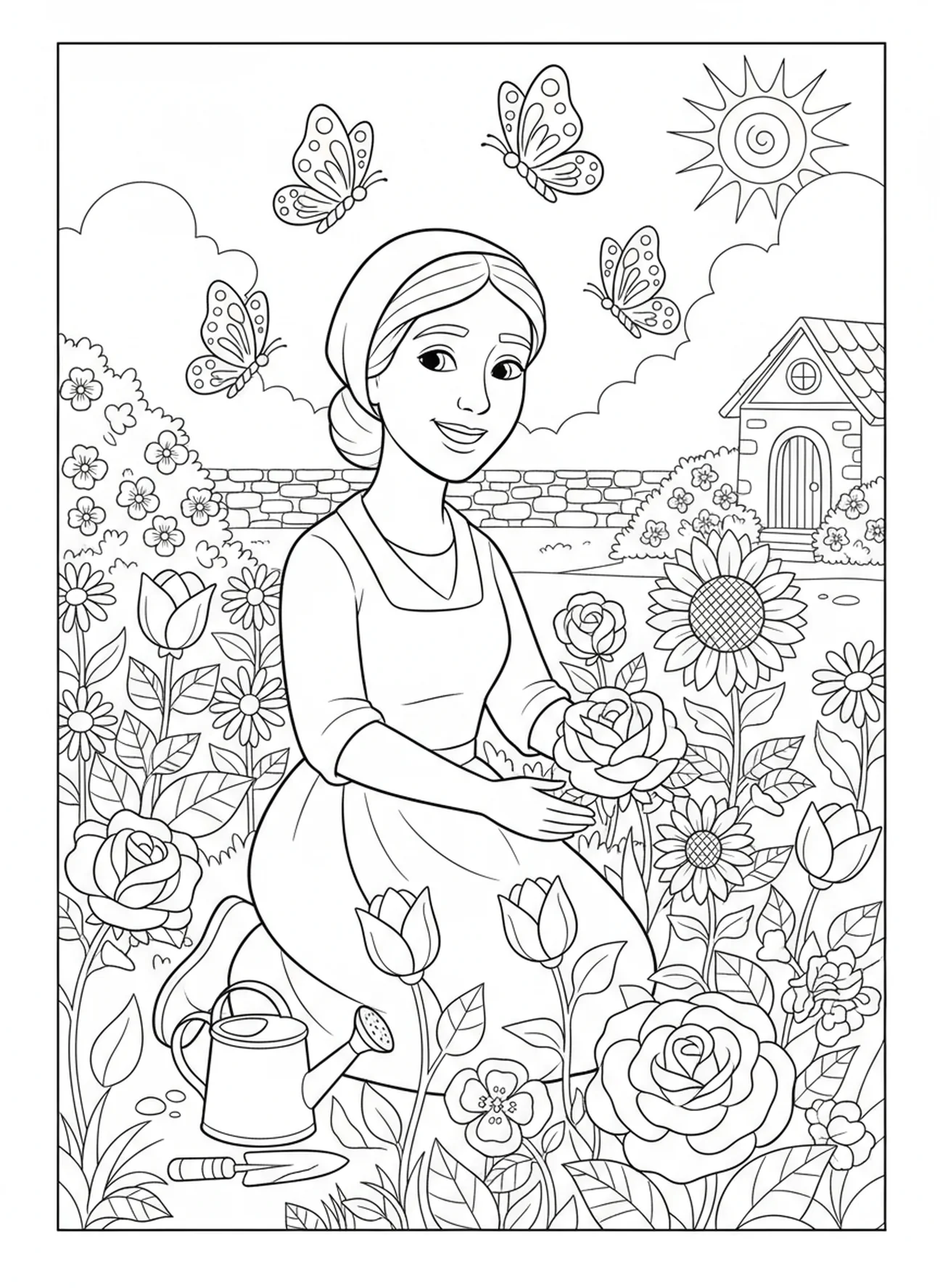 St. Zita, die sich um Blumen kümmert, Malvorlage für Kinder im Alter von 5-10 Jahren