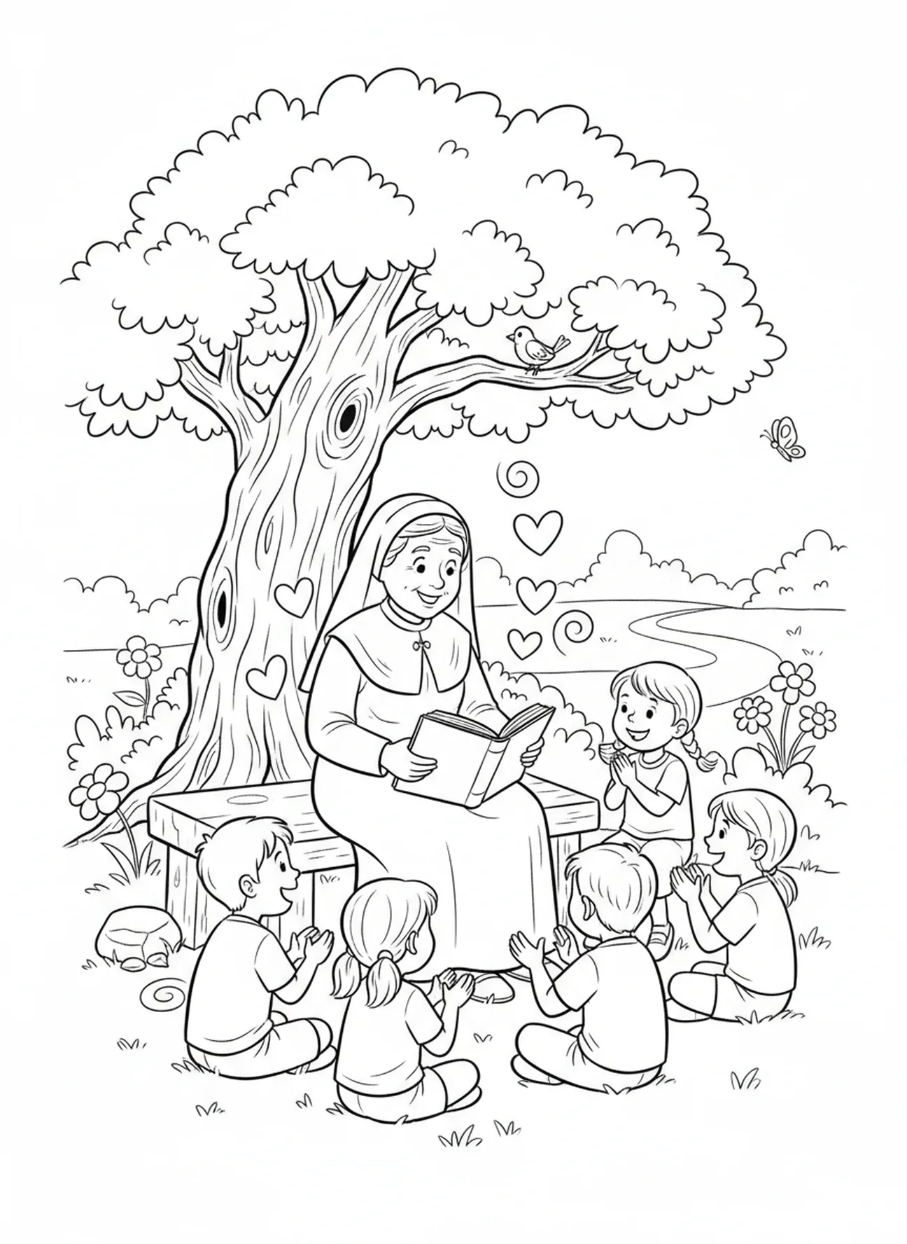 St. Zita erzählt Geschichten mit Kindern, Ausmalbild von St. Zita für Kinder im Alter von 5-10 Jahren