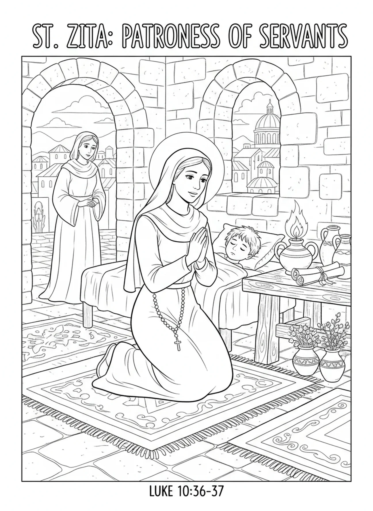 St. Zita tröstet ein krankes Kind, Ausmalbild von St. Zita für Sonntagsschulkinder im Alter von 5-12 Jahren.