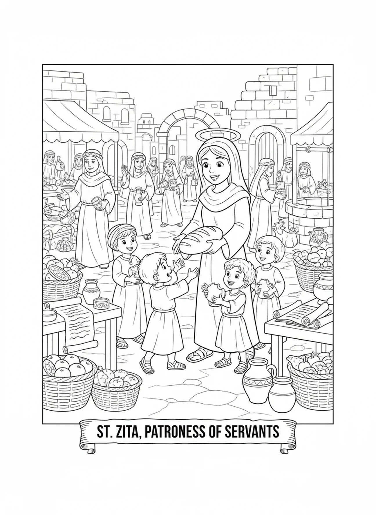 St. Zita verteilt Brot auf dem Markt, Ausmalbild von St. Zita für Sonntagsschulkinder im Alter von 5-12 Jahren.