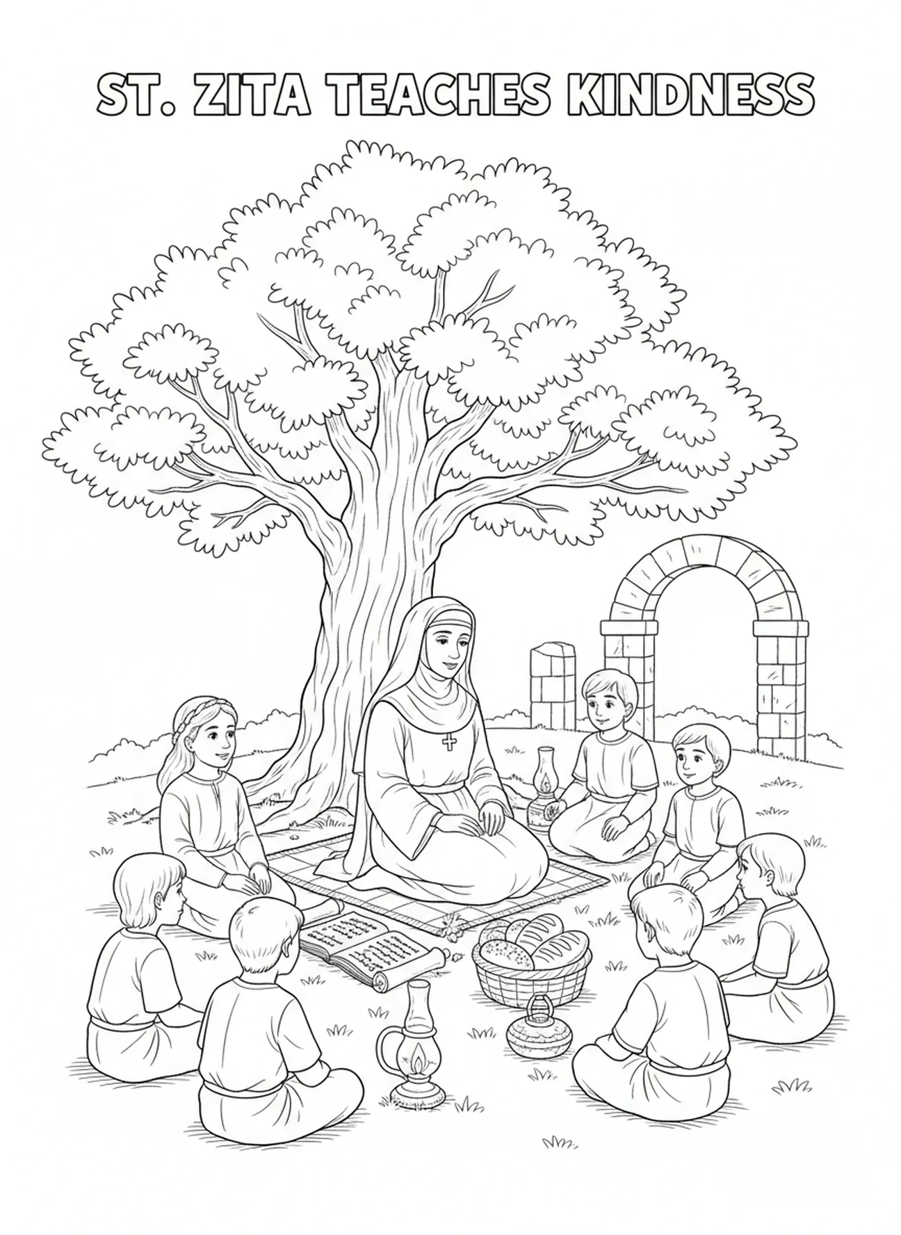 St. Zita lehrt Kinder, Ausmalbild von St. Zita für Sonntagsschulkinder im Alter von 5-12 Jahren.