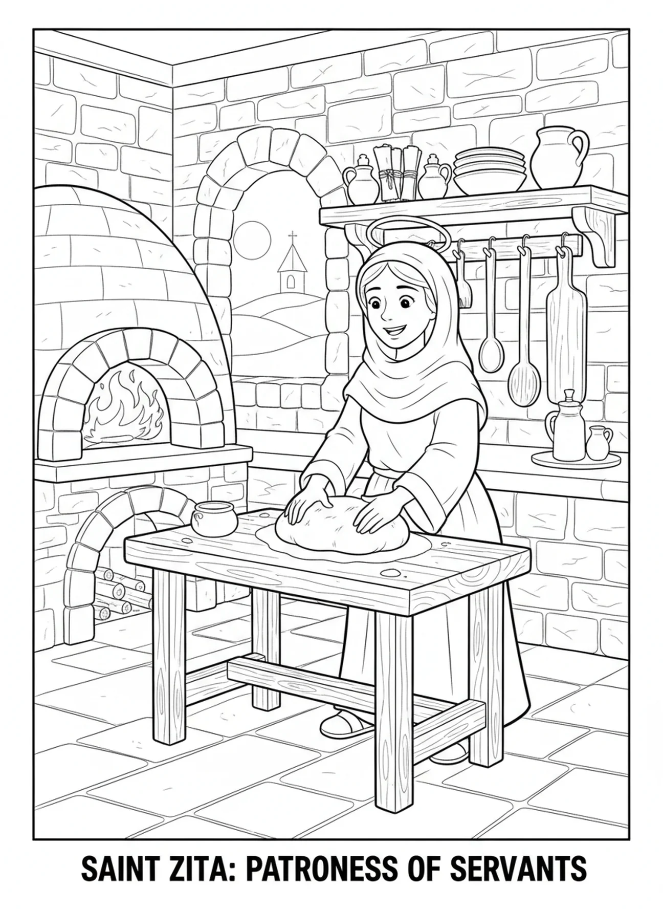St. Zita beim Brotbacken, Ausmalbild von St. Zita für Sonntagsschulkinder im Alter von 5-12 Jahren.