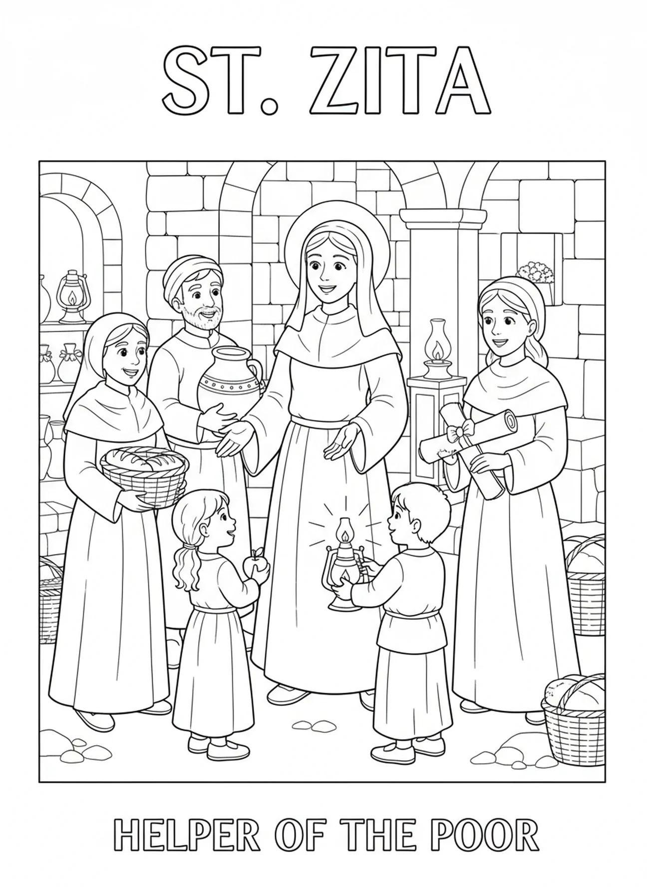 Dankbare Dorfbewohner segnen St. Zita, Ausmalbild von St. Zita für die Sonntagsschule für Kinder im Alter von 5-12 Jahren.