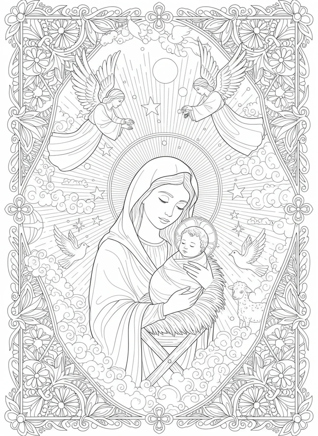Scène de la Nativité, page à colorier de la Vierge Marie pour le style de journal biblique pour adultes