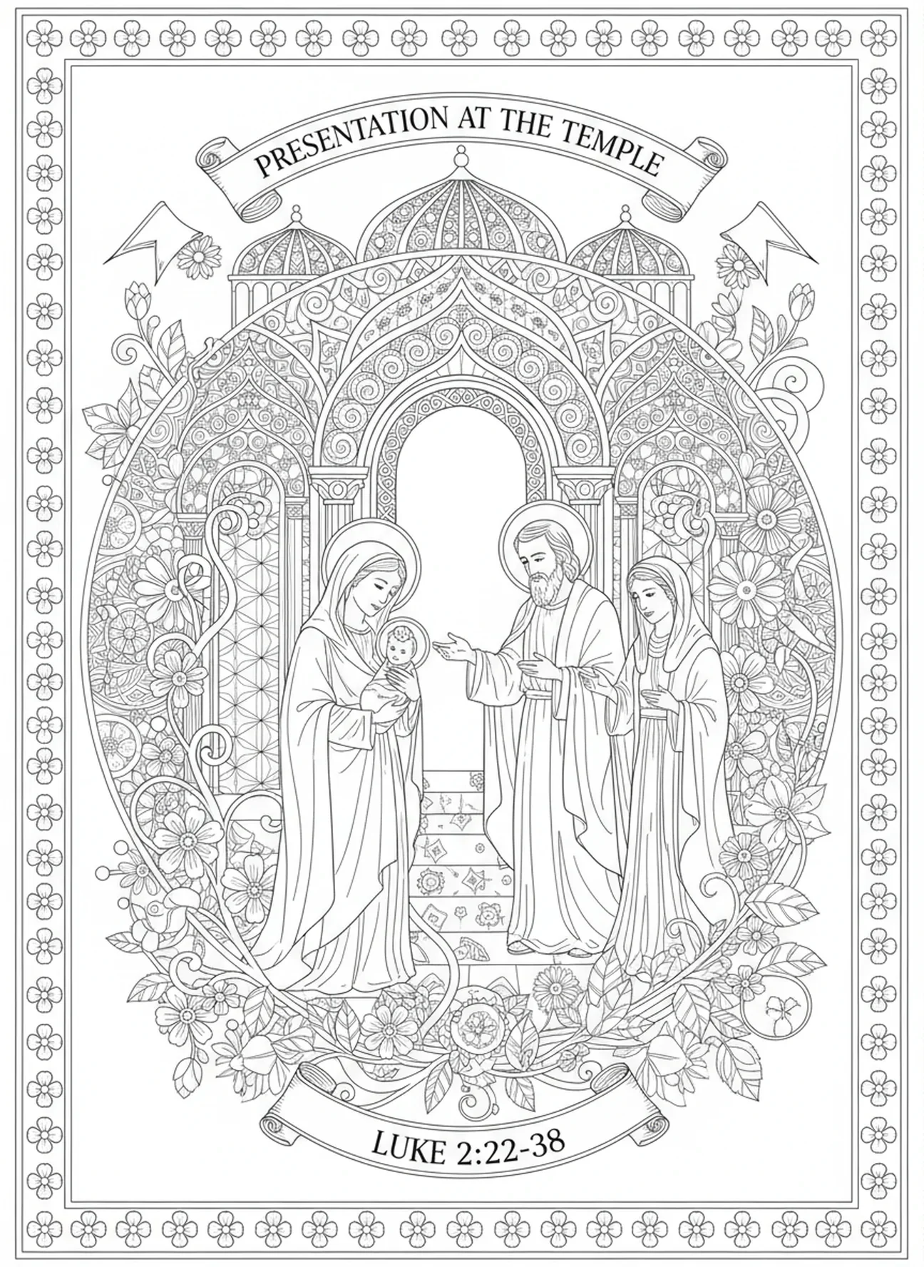 Présentation au temple, page à colorier de la Vierge Marie pour adultes dans un style de journal biblique