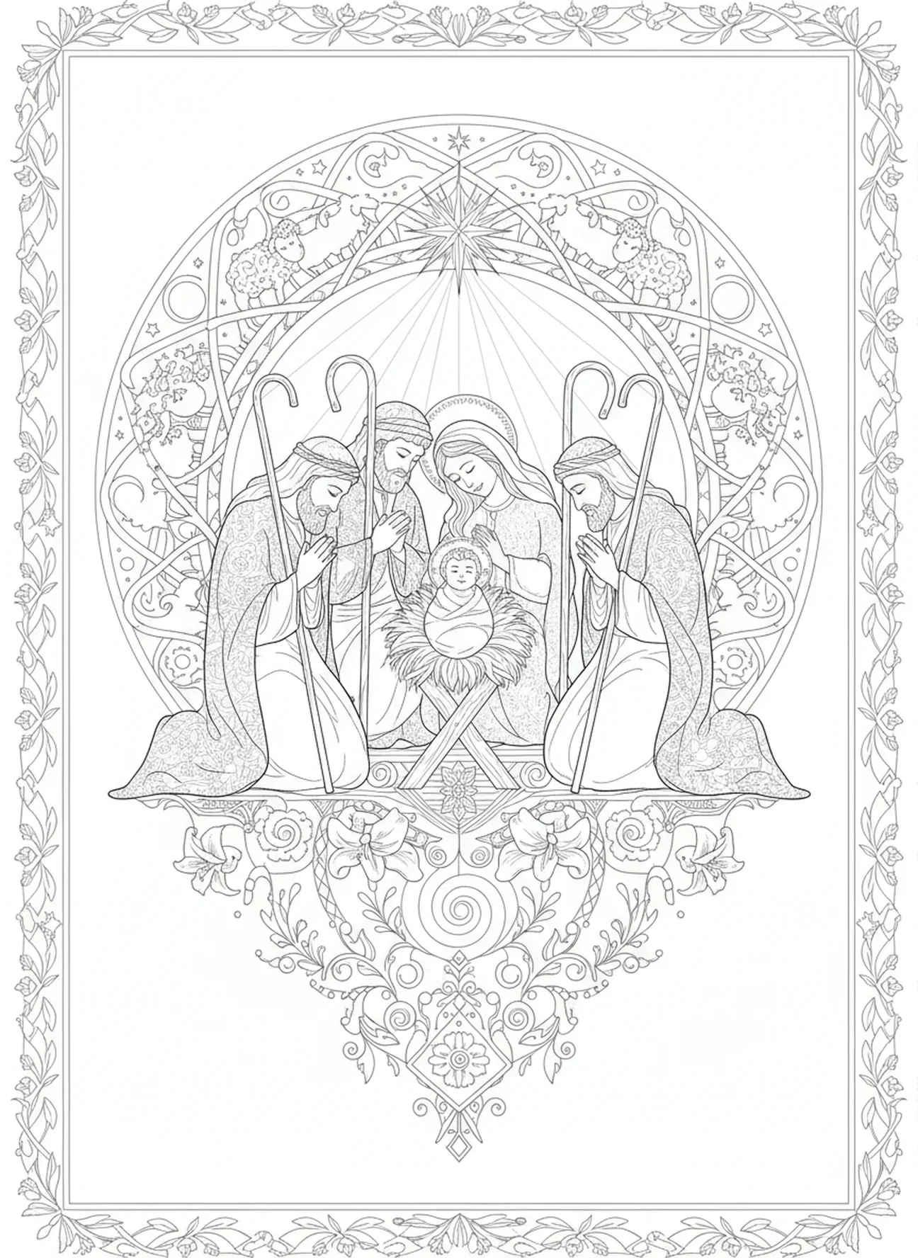 Visite des bergers, page à colorier de la Vierge Marie pour le style de journal biblique pour adultes