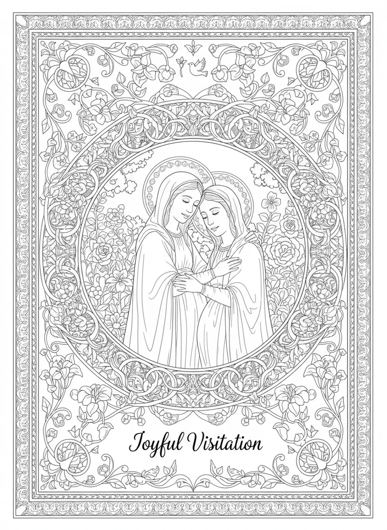 Scène de visitation, page à colorier de la Vierge Marie pour le journaling biblique