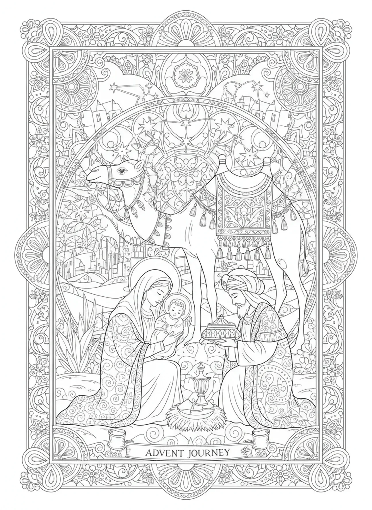 Arrivée des Rois Mages, page à colorier de la Vierge Marie pour le journaling biblique adulte