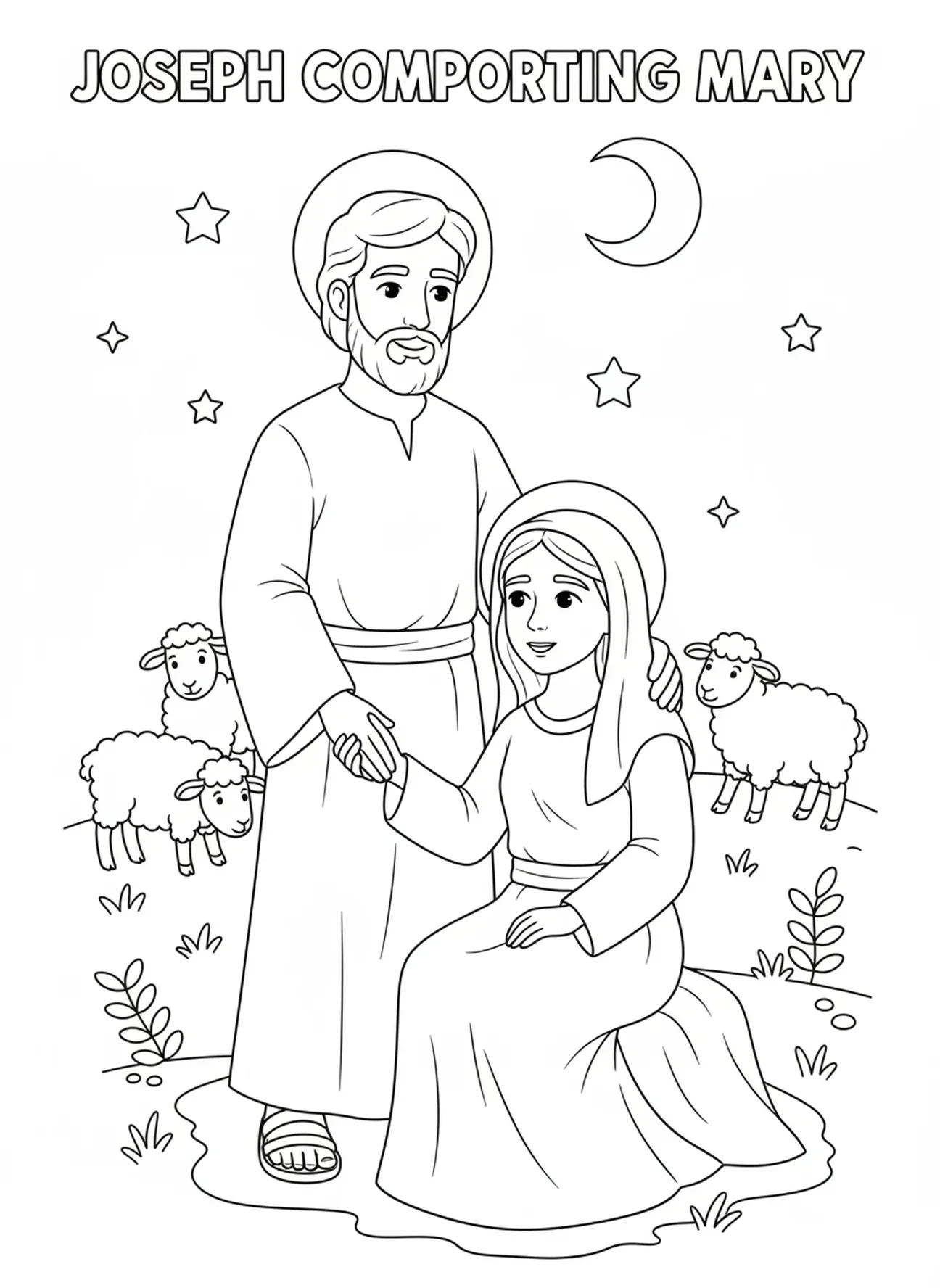José apoiando Maria, página para colorir da Virgem Maria para crianças de 5 a 10 anos