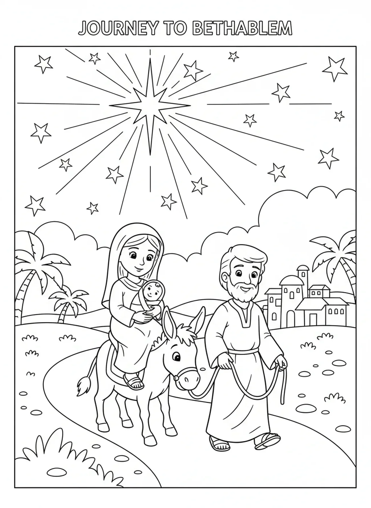Maria e José viajando para Belém, página de colorir da Virgem Maria para crianças de 5 a 10 anos