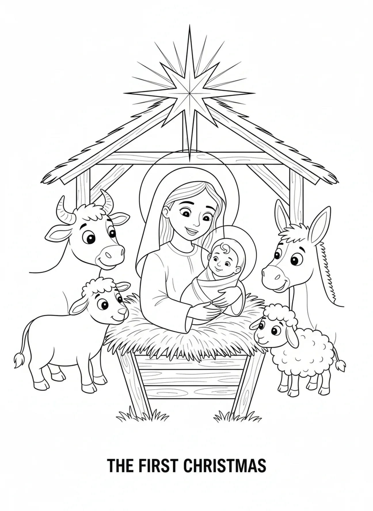Maria segurando o bebê Jesus na manjedoura, página de colorir da Virgem Maria para crianças de 5 a 10 anos
