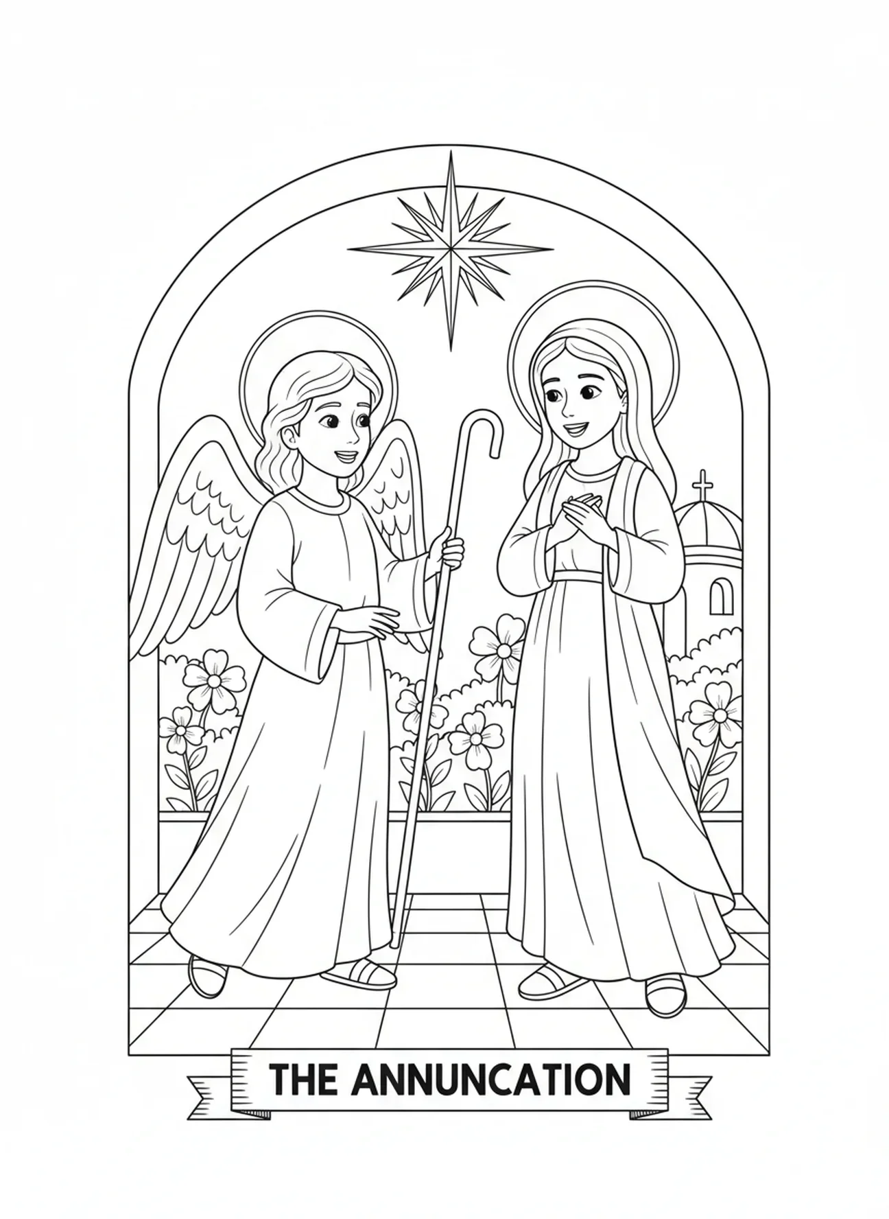 Maria aceitando alegremente a mensagem do anjo, página de colorir da Virgem Maria para crianças de 5 a 10 anos