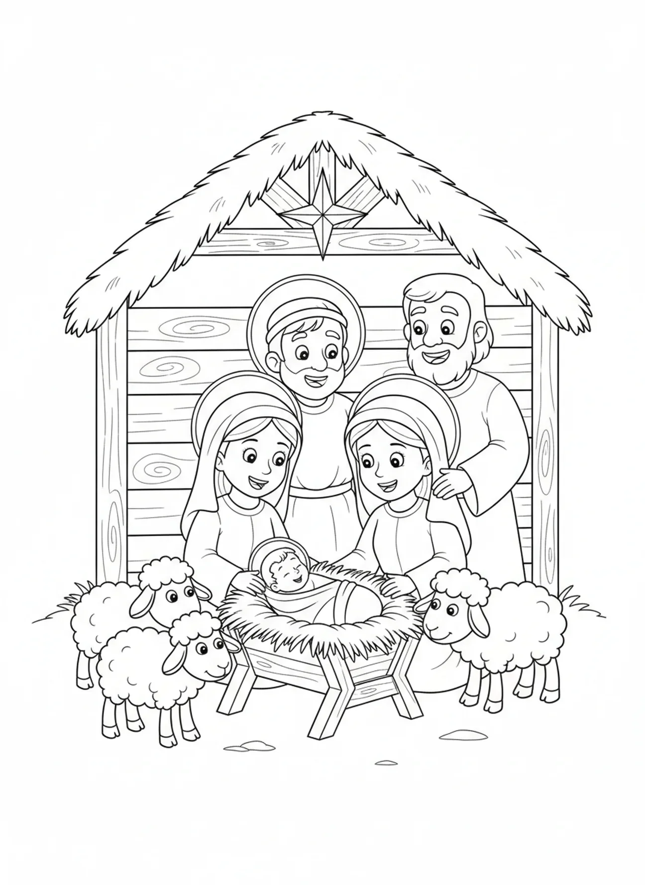 Pastores visitando Maria e o bebê Jesus, página para colorir da Virgem Maria para crianças de 5 a 10 anos