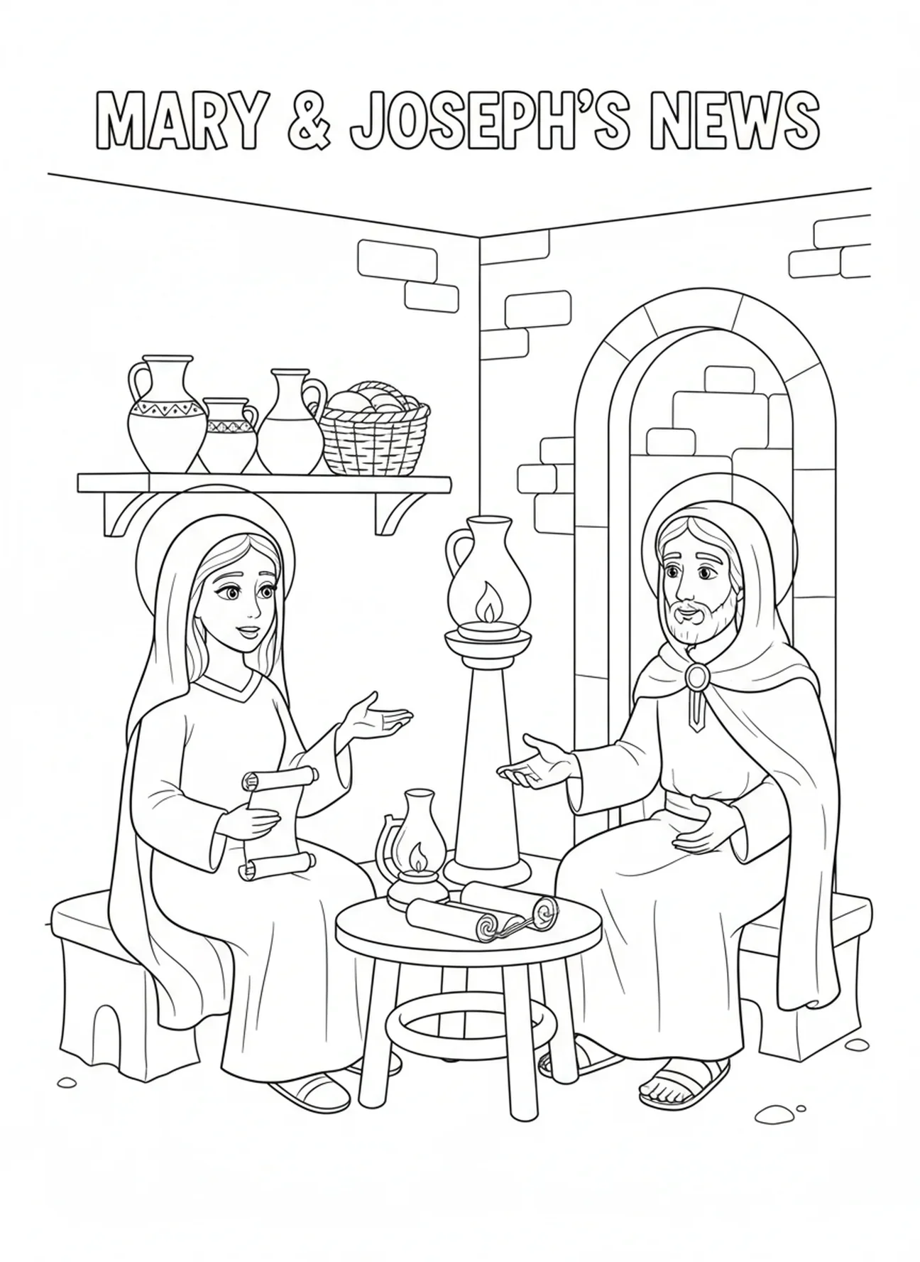 José e Maria em conversa, página para colorir da Virgem Maria para crianças da Escola Dominical de 5 a 12 anos.