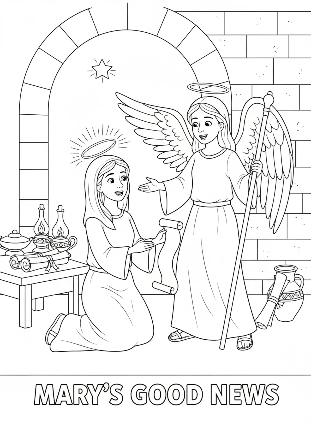 Maria aceitando alegremente a mensagem, página de colorir da Virgem Maria para crianças de 5 a 12 anos na Escola Dominical.
